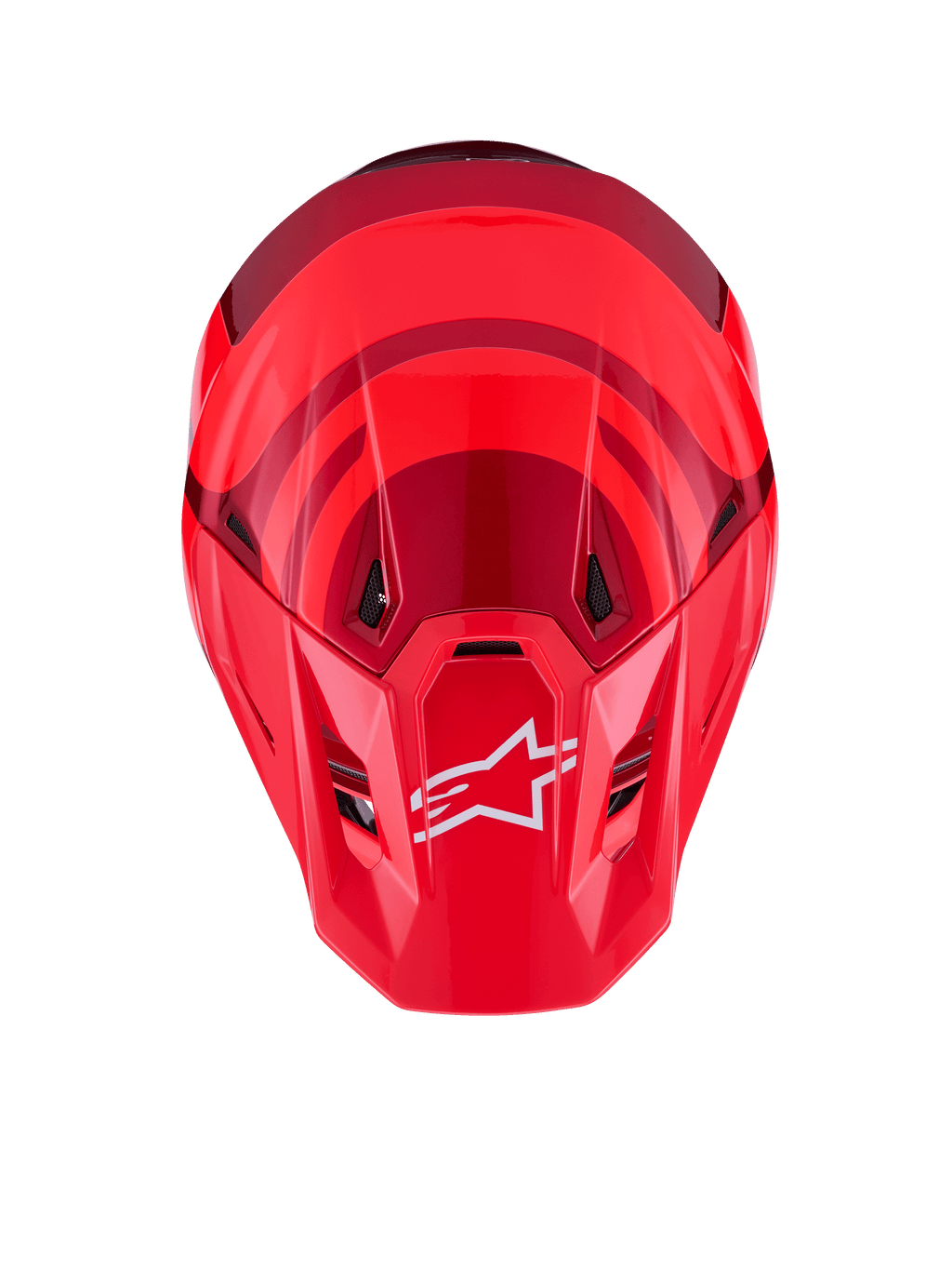 Alpinestars S-M7 Core Helm, Red Glossy, bovenaanzicht met aerodynamische schaal met donkerrode accenten, wit A-star-logo op het vizier, geïntegreerde ventilatieopeningen, hoogwaardige motorcross beschermende uitrusting