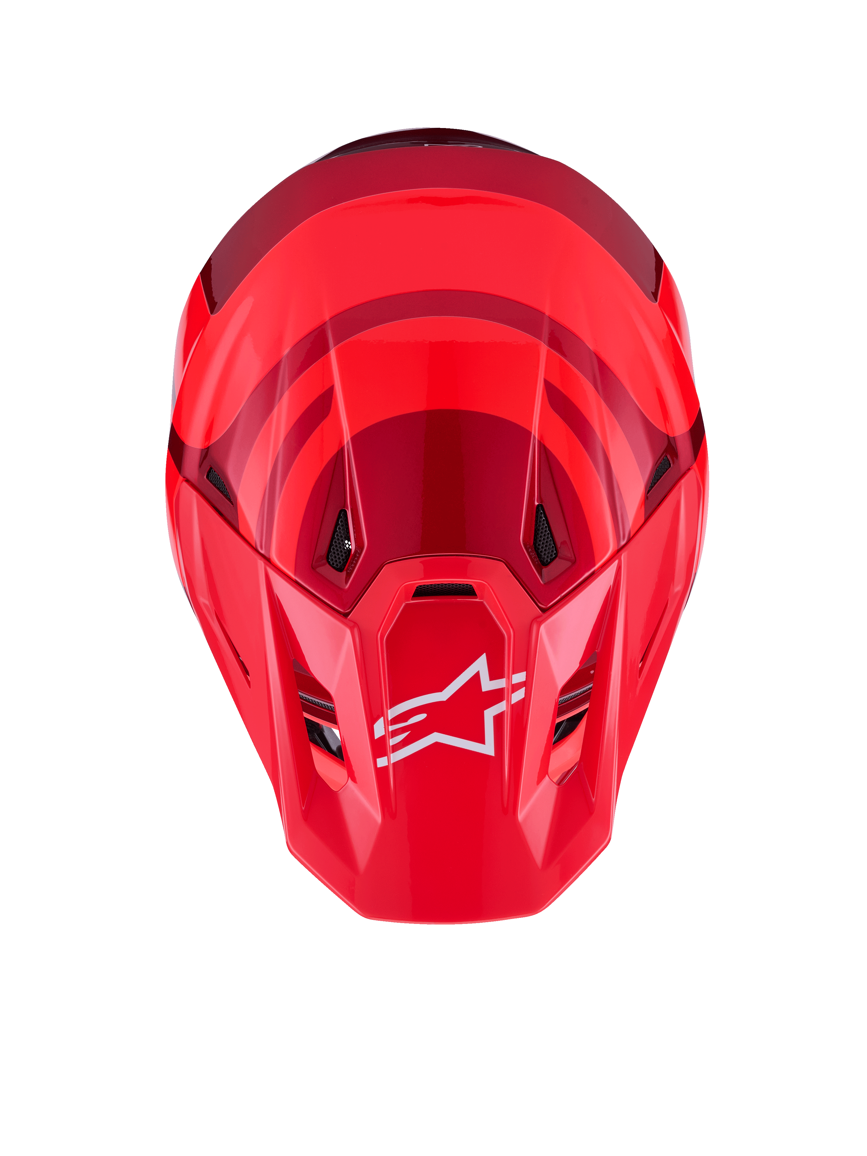 Alpinestars S-M7 Core Helm, Red Glossy, bovenaanzicht met aerodynamische schaal met donkerrode accenten, wit A-star-logo op het vizier, geïntegreerde ventilatieopeningen, hoogwaardige motorcross beschermende uitrusting