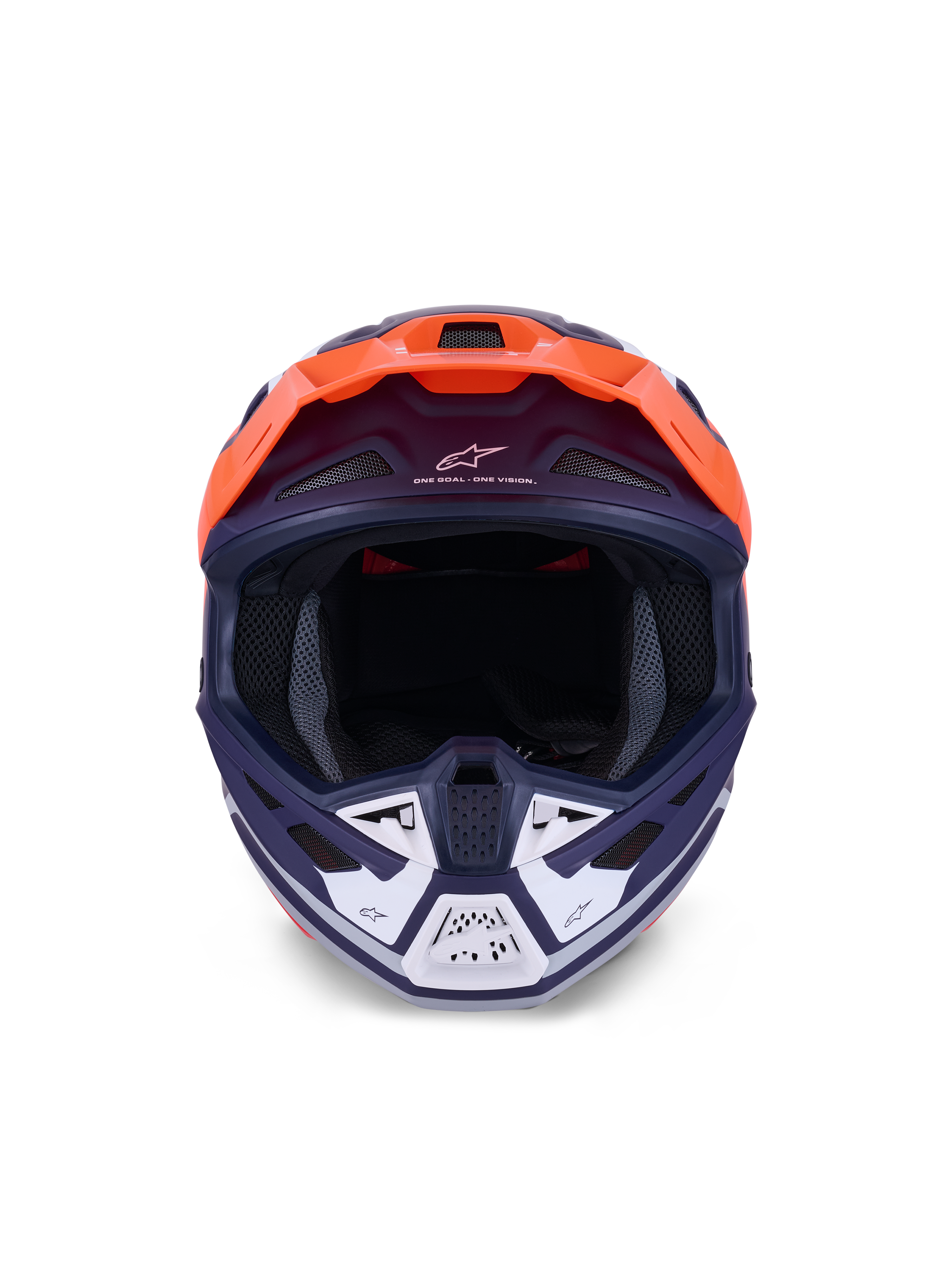 Alpinestars S-M7 Core Helmet, Motocross Helmet, Orange and Blue Matt, frontal view with white accents on the chin guard, featuring "One Goal - One Vision" branding, aerodynamic shell for off-road racing