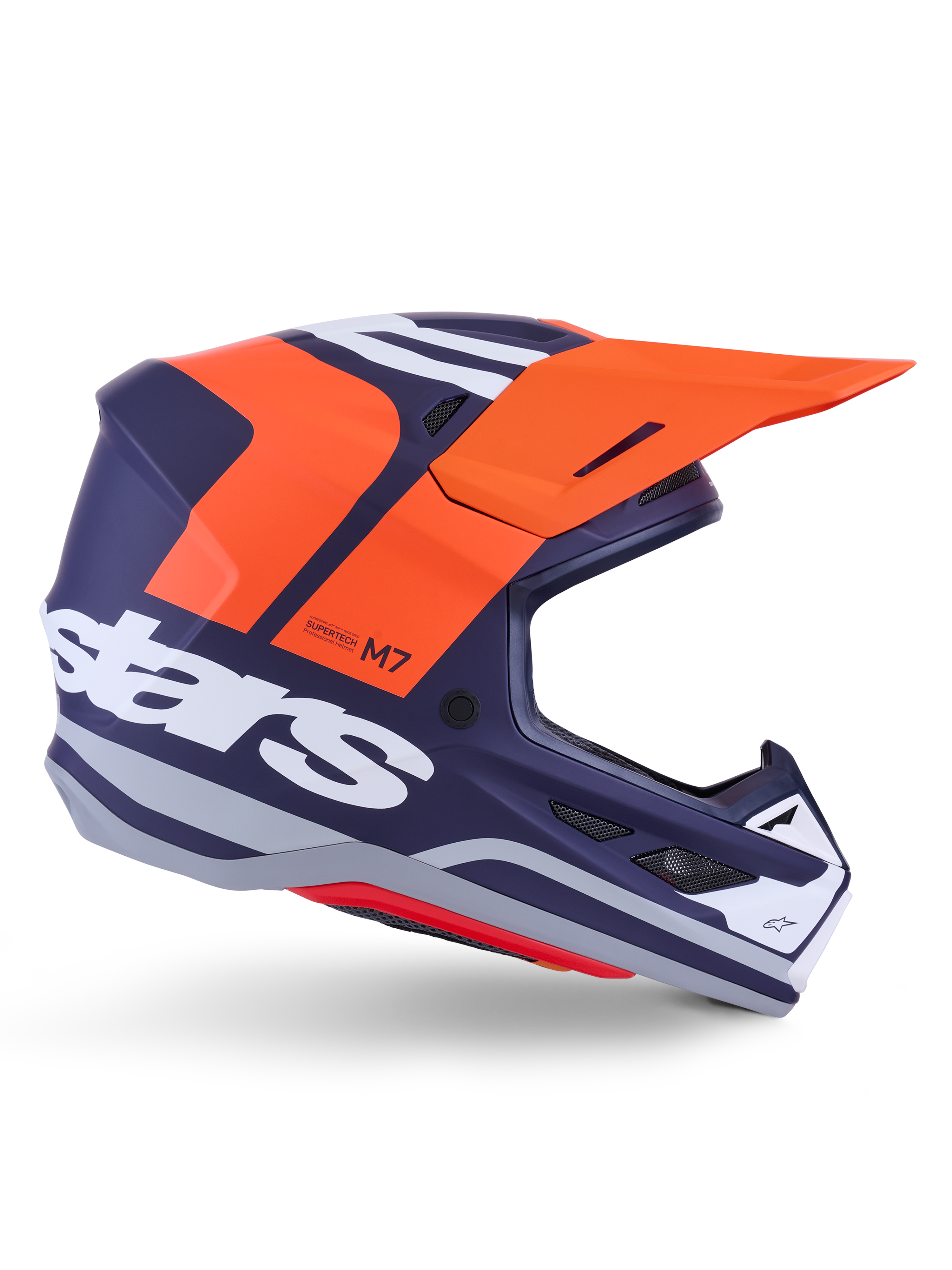 Alpinestars S-M7 Core Helmet ECE 22.06, casque de motocross, bleu foncé mat avec des accents orange vif et blancs, visière orange, profil aérodynamique avec ports de ventilation en maille, certifié ECE 22.06