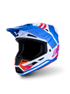 Alpinestars S-M7 Core Helmet ECE06, blue and white motocross helmet with glossy orange and pink graphics, ECE certified.