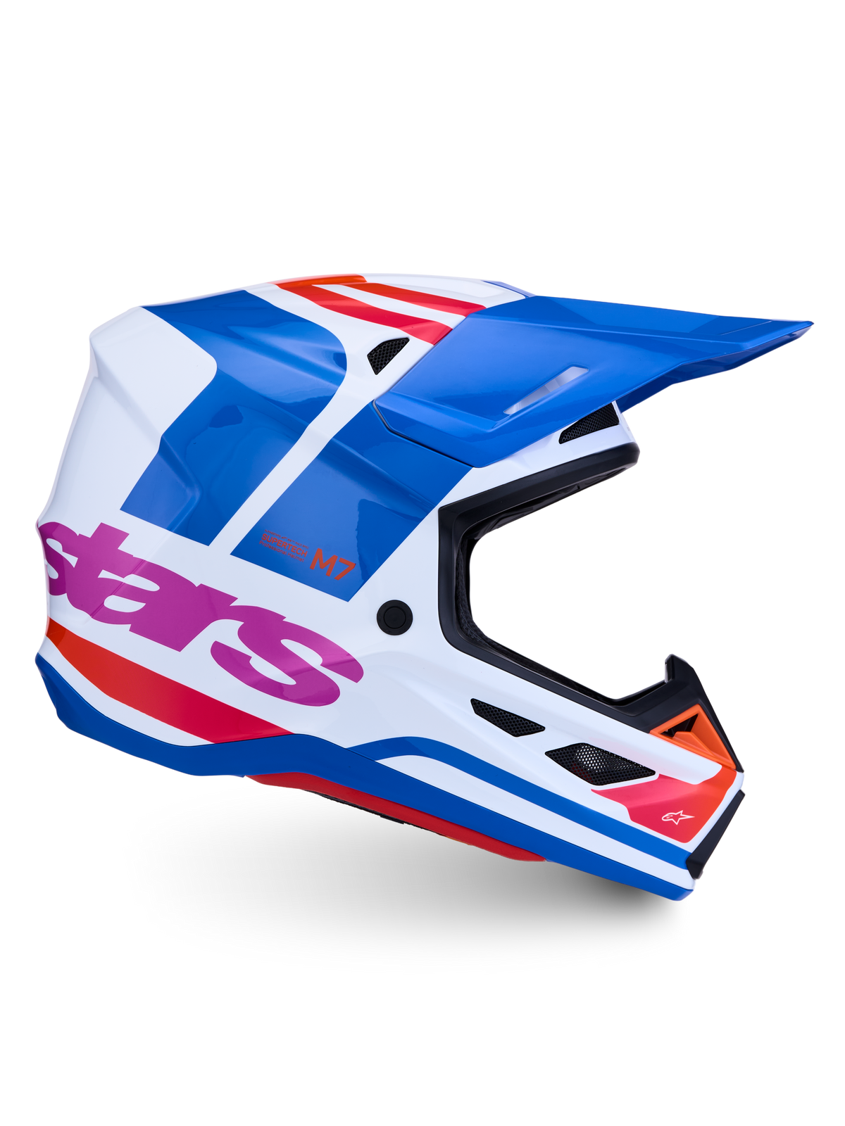 Alpinestars S-M7 Core Helmet ECE06, motocross helmet in white, blue, and pink glossy finish with ECE 22.06 certification.
