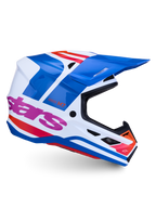 Alpinestars S-M7 Core Helmet ECE06, motocross helmet in white, blue, and pink glossy finish with ECE 22.06 certification.