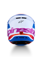 Alpinestars S-M7 Core Helmet ECE06, white and blue motocross helmet with pink and orange accents, ECE 22.06 certified.