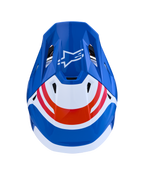 Alpinestars S-M7 Core Helmet ECE06, blue and white motocross helmet with orange accents and Astar logo, overhead view.