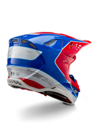 Casque Alpinestars Supertech M10 Aeon ECE 22.06, casque de motocross, rouge vif, bleu et blanc brillant, vue latérale arrière présentant un profil aérodynamique, marquage Alpinestars argenté et orifices de ventilation intégrés.