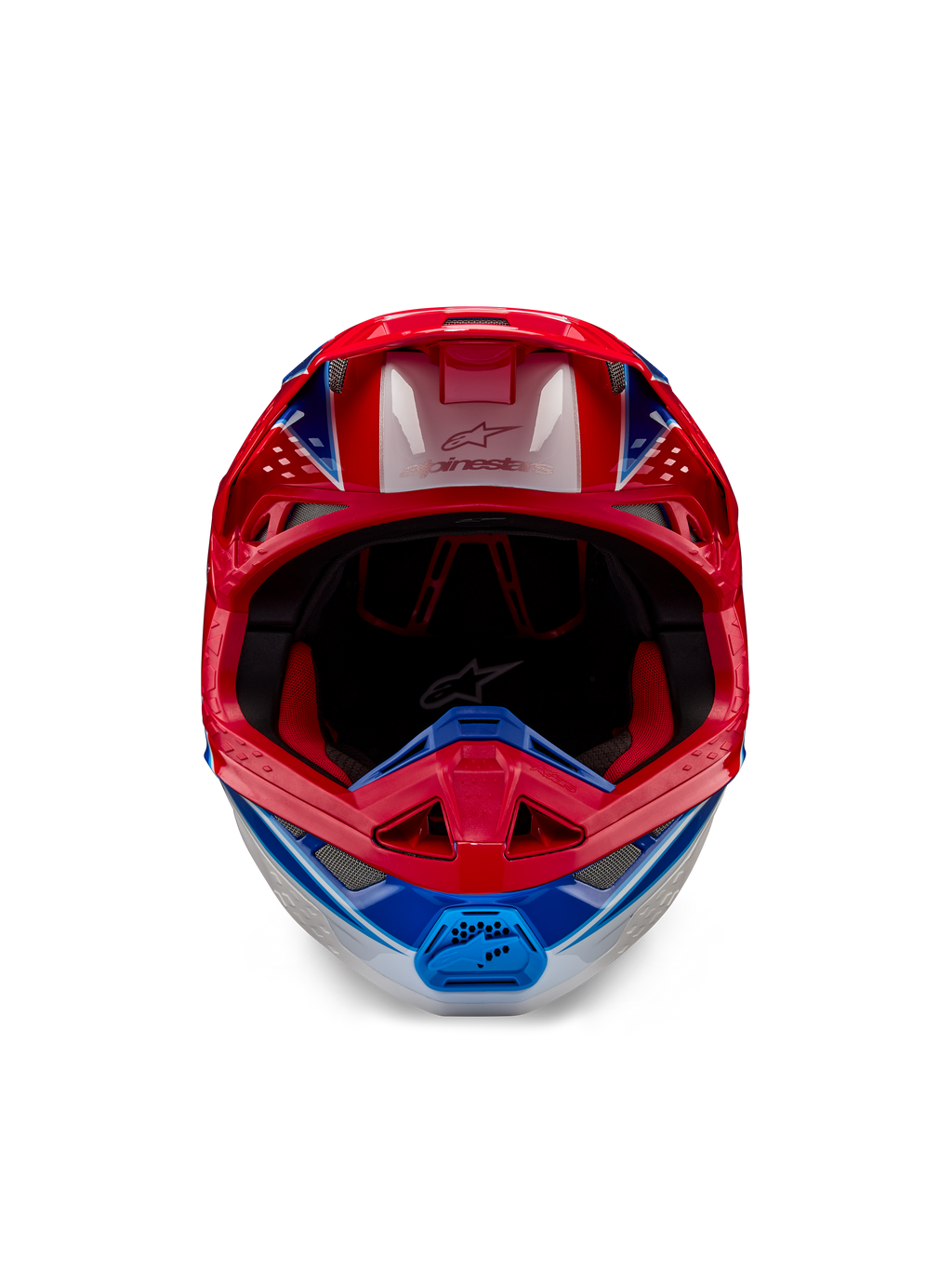 Casque Alpinestars Supertech M10 Aeon ECE 22.06, casque de motocross, rouge et bleu brillant, vue de face avec coque aérodynamique, mentonnière ventilée et rembourrage intérieur rouge, finition brillante pour la course tout-terrain.