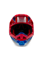 Casque Alpinestars Supertech M10 Aeon ECE 22.06, casque de motocross, rouge et bleu brillant, vue de face avec coque aérodynamique, mentonnière ventilée et rembourrage intérieur rouge, finition brillante pour la course tout-terrain.