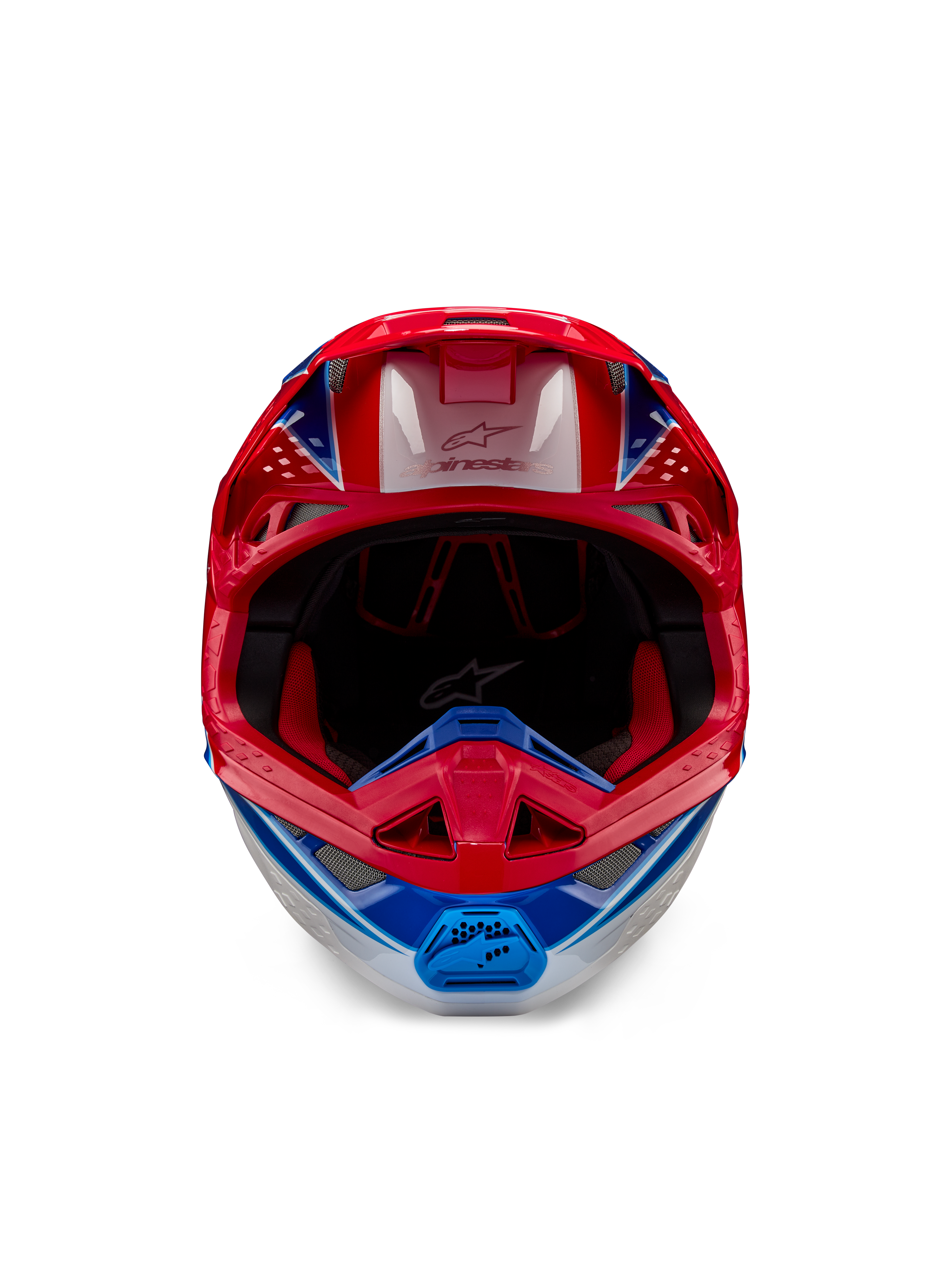 Casque Alpinestars Supertech M10 Aeon ECE 22.06, casque de motocross, rouge et bleu brillant, vue de face avec coque aérodynamique, mentonnière ventilée et rembourrage intérieur rouge, finition brillante pour la course tout-terrain.