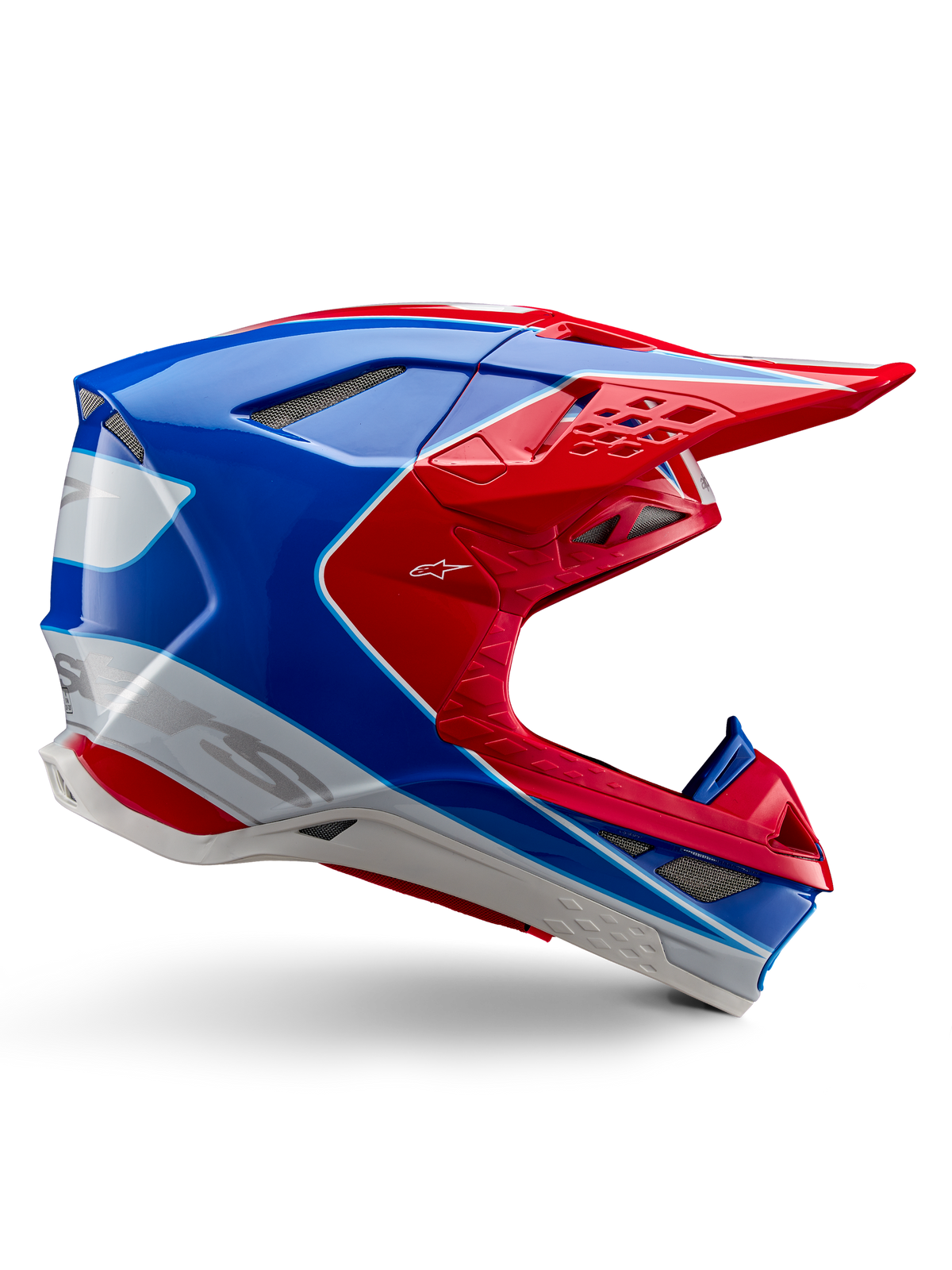 Alpinestars Supertech M10 Aeon helm, motorcrosshelm, felrood, blauw en wit, glanzende afwerking, aerodynamisch zijprofiel met meerdere ventilatieopeningen met gaas, hoekige contouren en klep