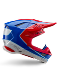 Alpinestars Supertech M10 Aeon, casque de motocross, rouge vif, bleu et blanc, finition brillante, profil latéral aérodynamique avec de multiples aérations en mesh, contours angulaires et visière