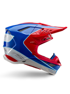Alpinestars Supertech M10 Aeon, casque de motocross, rouge vif, bleu et blanc, finition brillante, profil latéral aérodynamique avec de multiples aérations en mesh, contours angulaires et visière