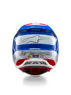 Casque Alpinestars Supertech M10 Aeon ECE 22.06, casque de motocross, vue arrière, finition brillante rouge et bleu vif, grand logo Alpinestars argenté, multiples orifices de ventilation, autocollants de sécurité MIPS et ECE, protection de course professionnelle