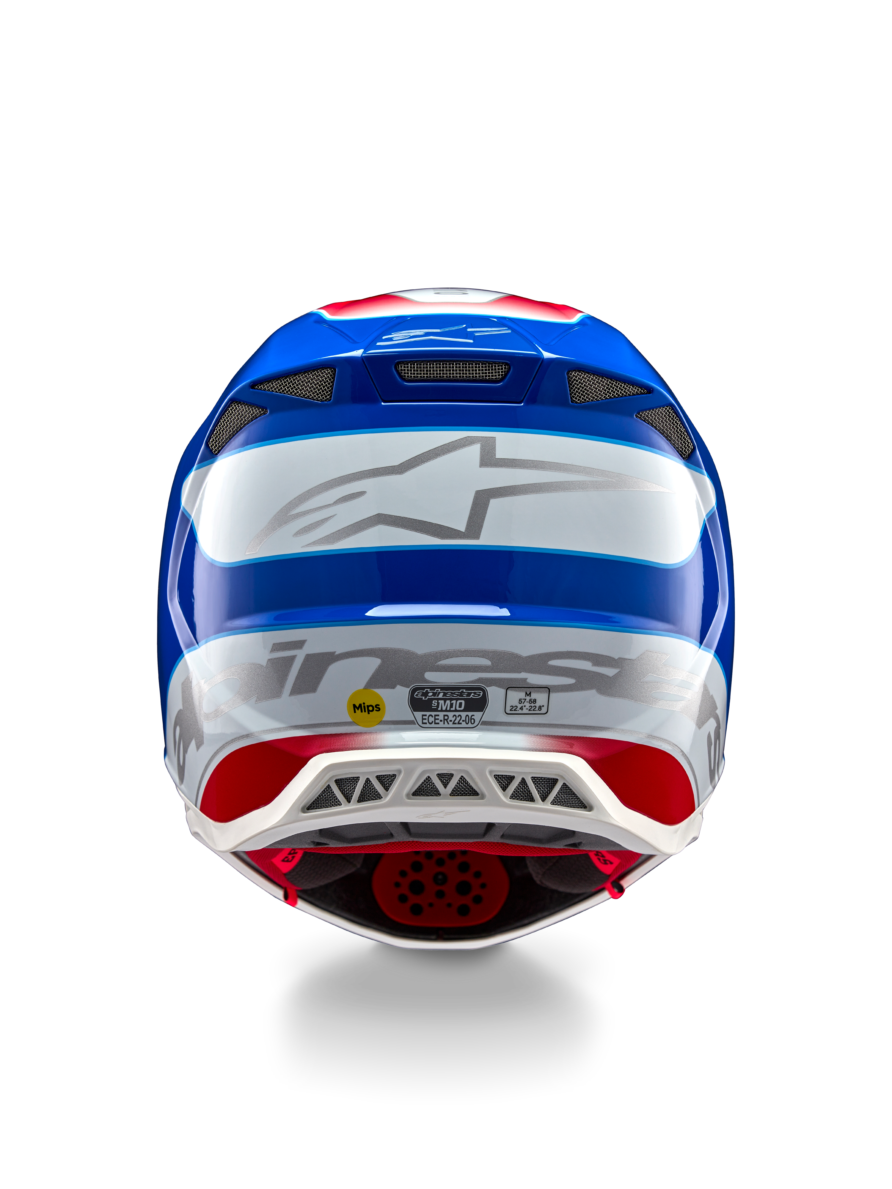 Casque Alpinestars Supertech M10 Aeon ECE 22.06, casque de motocross, vue arrière, finition brillante rouge et bleu vif, grand logo Alpinestars argenté, multiples orifices de ventilation, autocollants de sécurité MIPS et ECE, protection de course professionnelle