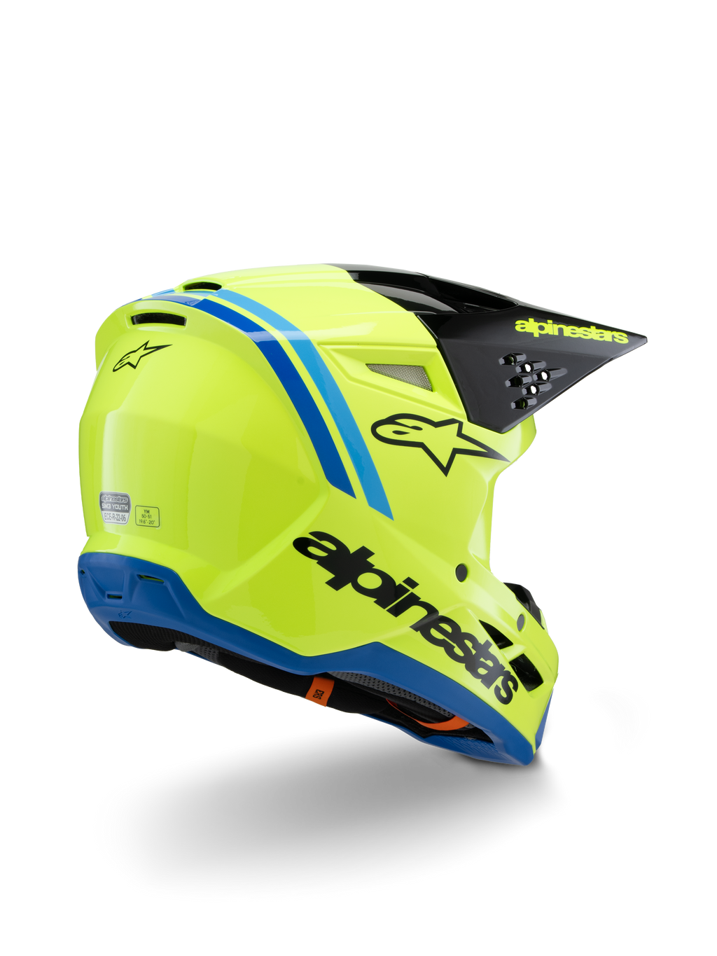 Alpinestars S-M3 Youth Radium Helmet ECE 22.06, casque de motocross, jaune fluo avec accents noirs et bleus, vue de trois-quarts arrière montrant la visière noire avec logo jaune et bordure de base bleue