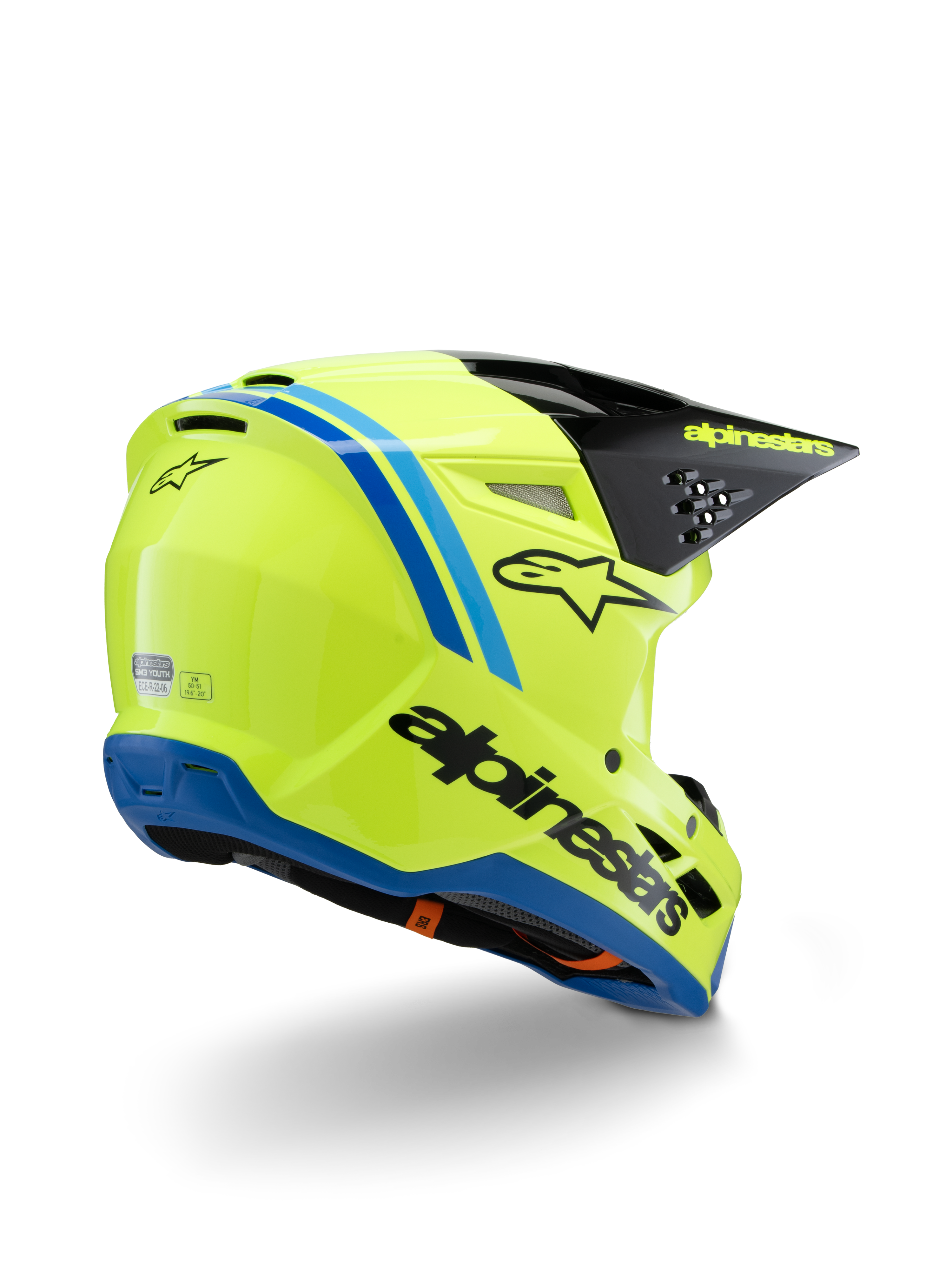 Alpinestars S-M3 Youth Radium Helmet ECE 22.06, casque de motocross, jaune fluo avec accents noirs et bleus, vue de trois-quarts arrière montrant la visière noire avec logo jaune et bordure de base bleue
