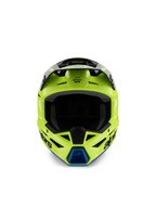 Casque Alpinestars S-M3 Youth Radium, casque de motocross, jaune fluo, noir et bleu, vue de face montrant la visière noire et l'aération de mentonnière bleue, logo Alpinestars distinctif, profil aérodynamique élégant pour la compétition tout-terrain junior