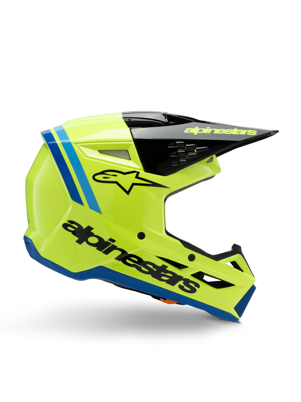 Alpinestars S-M3 Youth Radium Helm, Jugend-Motocross-Helm, leuchtendes Neongelb mit schwarzen und blauen Akzenten, Seitenansicht mit aerodynamischem Design, schwarzer Helmschirm mit gelbem Logo, markantes schwarzes Branding an der Seite, ECE 22.06 zertifizierter Schutz für den Offroad-Rennsport