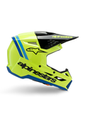 Casque Alpinestars S-M3 Youth Radium, casque de motocross pour enfant, jaune fluo éclatant avec accents noirs et bleus, vue latérale mettant en valeur le design aérodynamique, visière noire avec logo jaune, marquage noir imposant sur le côté, protection certifiée ECE 22.06 pour la course tout-terrain