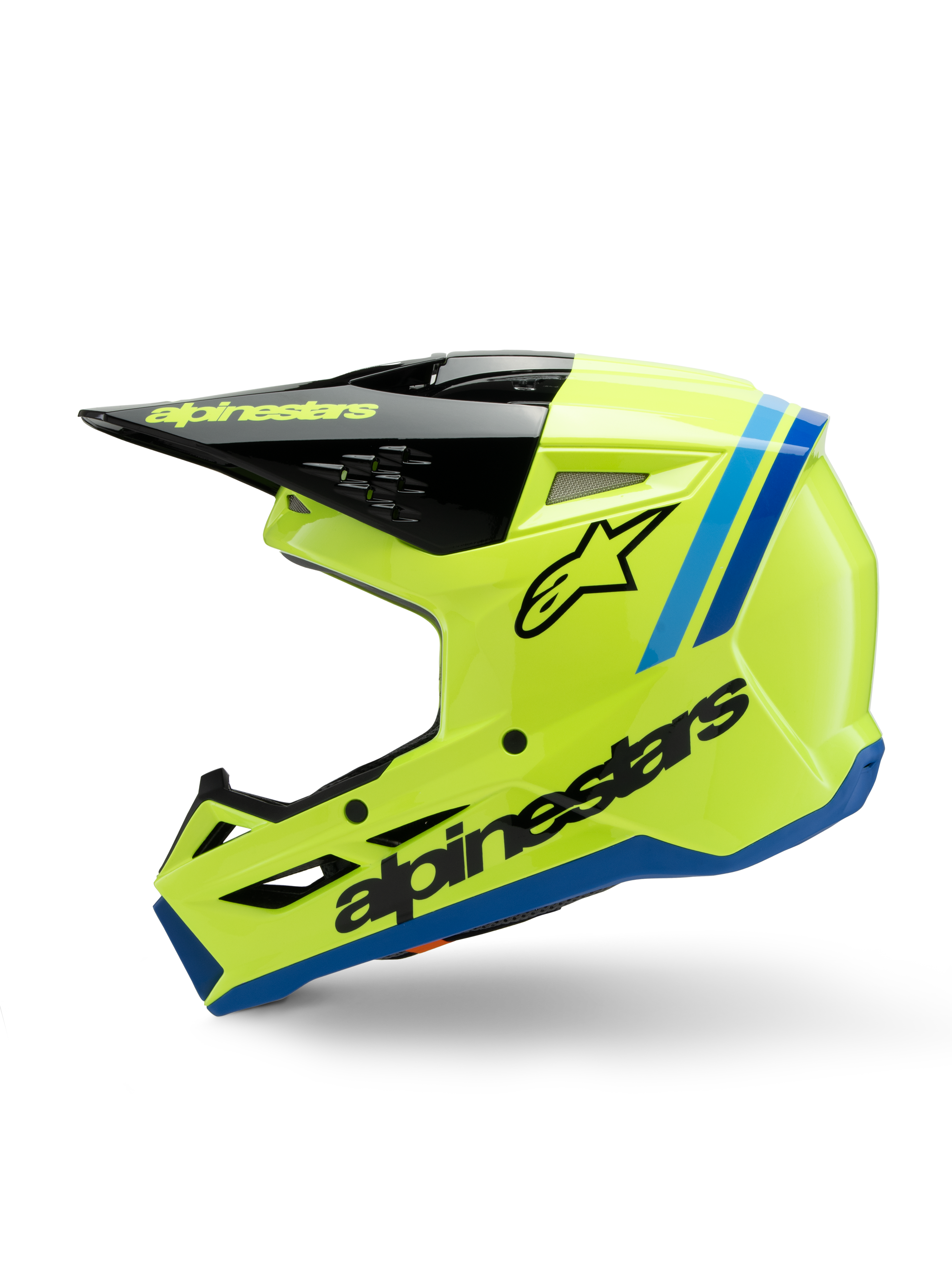 Casque Alpinestars S-M3 Junior Radium, casque de motocross, jaune fluorescent vif avec des accents bleus et noirs, logo Alpinestars audacieux, profil aérodynamique élégant pour les compétitions tout-terrain junior