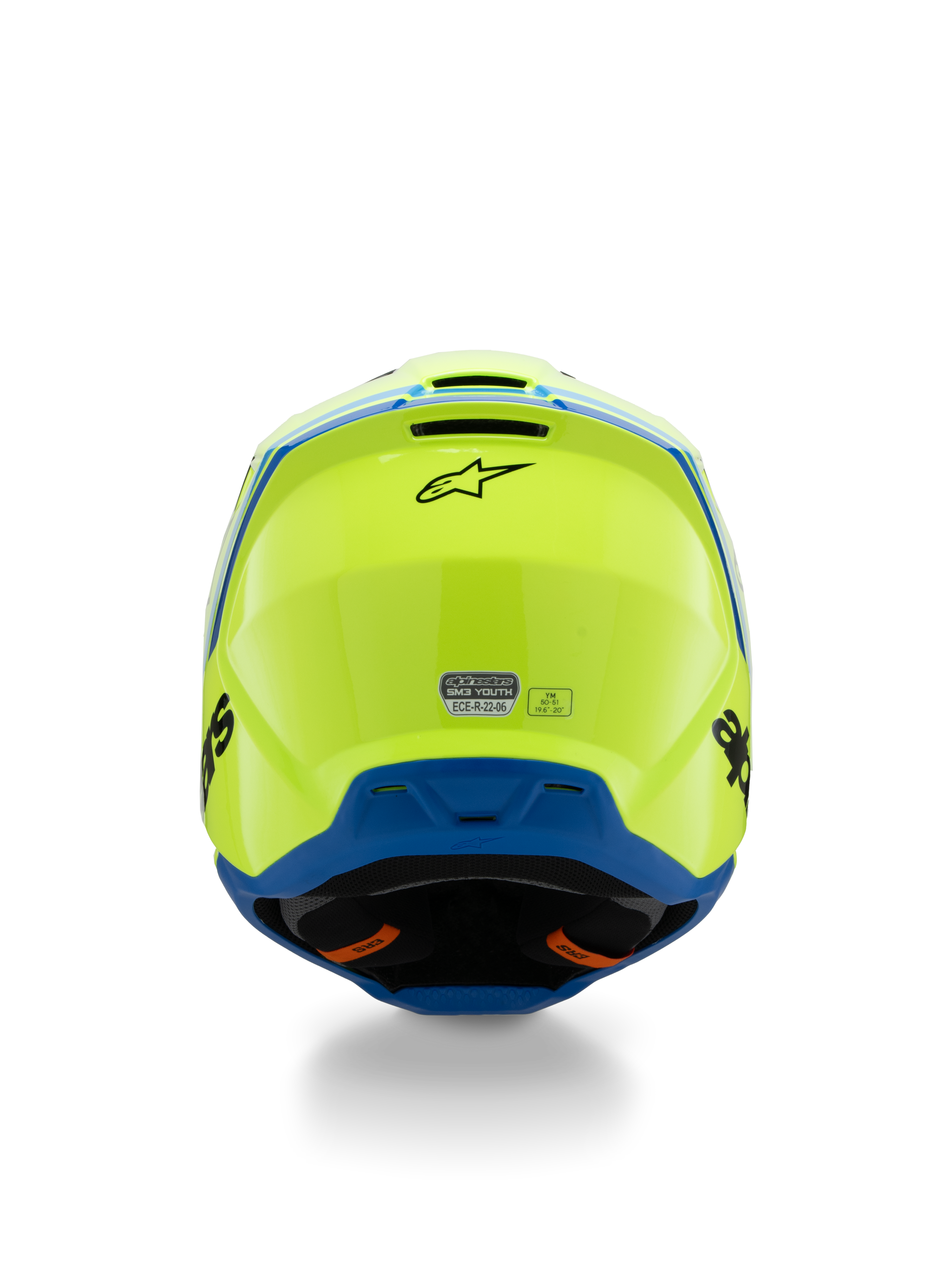 Alpinestars Casque S-M3 Junior Radium ECE 22.06, casque de motocross, jaune fluo et bleu, vue arrière avec logo Alpinestars noir et autocollant de certification ECE, design de coque aérodynamique pour le tout-terrain junior