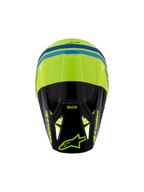 Alpinestars S-M3 Junior Radium ECE 22.06, casque de motocross, jaune fluo, noir et bleu, vue de dessus montrant la coque aérodynamique, marquage SM3 sur la visière noire et logos Alpinestars bien visibles