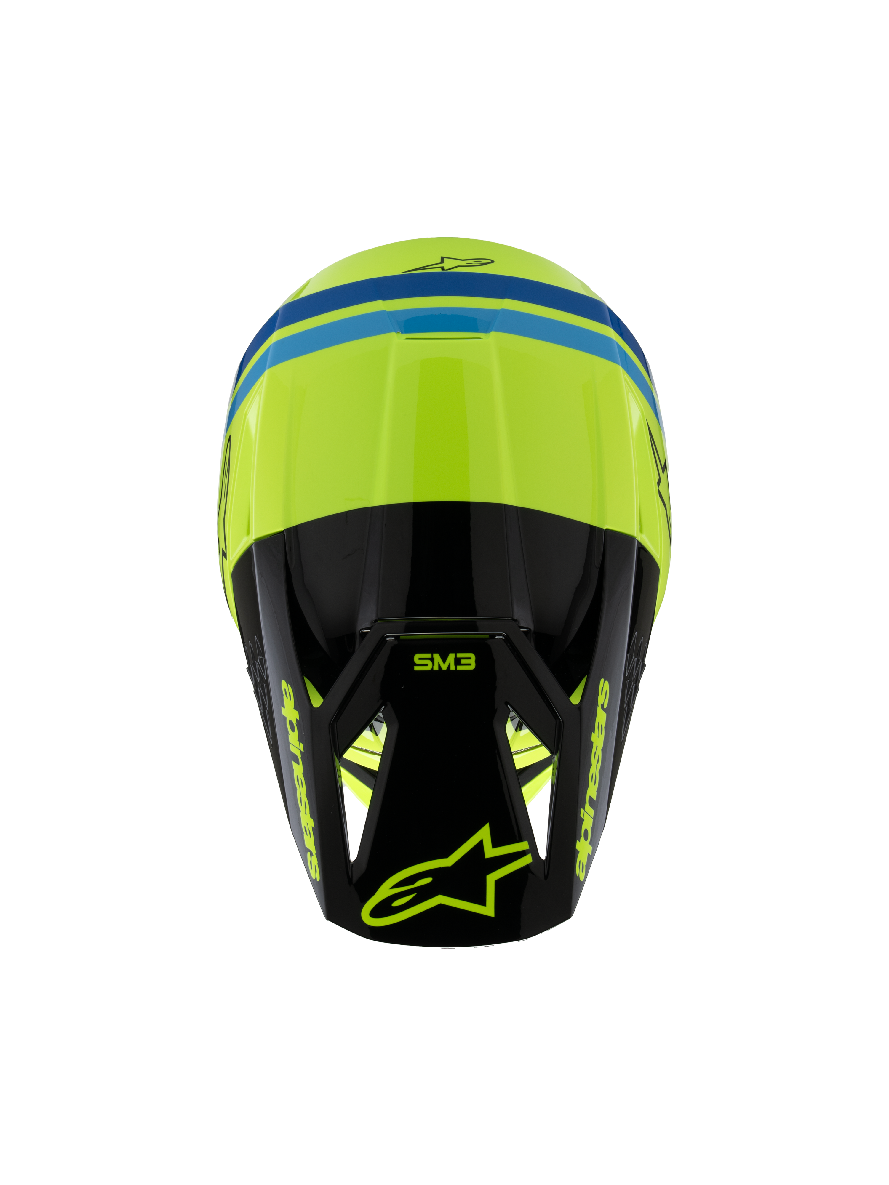 Alpinestars S-M3 Junior Radium ECE 22.06, casque de motocross, jaune fluo, noir et bleu, vue de dessus montrant la coque aérodynamique, marquage SM3 sur la visière noire et logos Alpinestars bien visibles