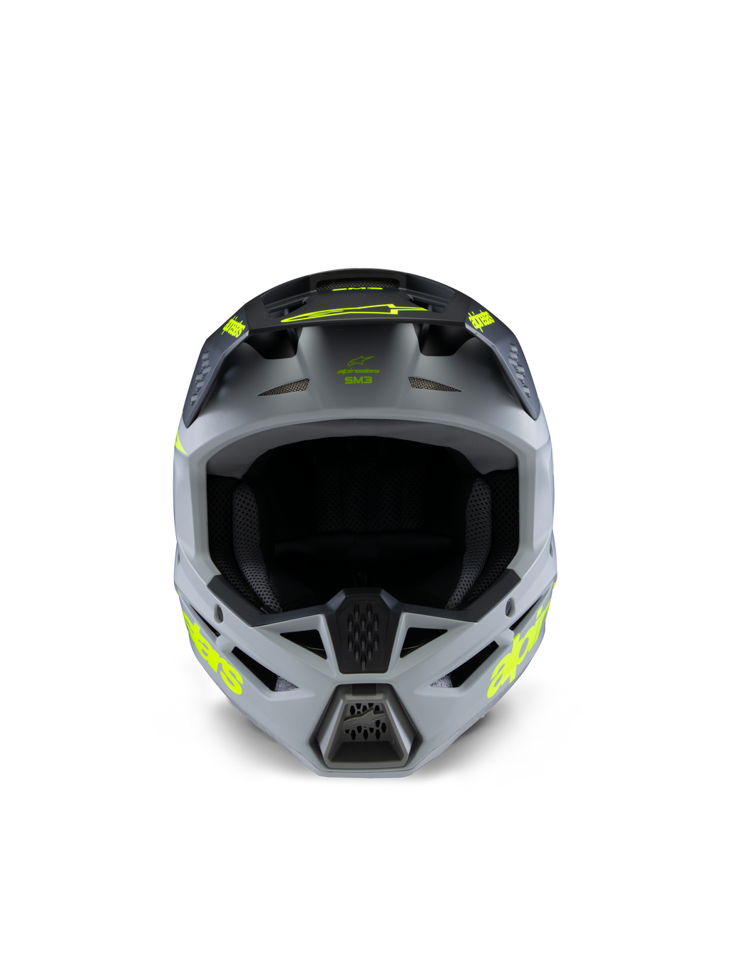 Alpinestars S-M3 Youth Radium Helmet, Motocross Helmet, Gray Black and Yellow Fluo Matte, front view featuring an aggressive angular shell, vibrant yellow logos on the sides and peak, matte finish designed for youth off-road and MX racing.