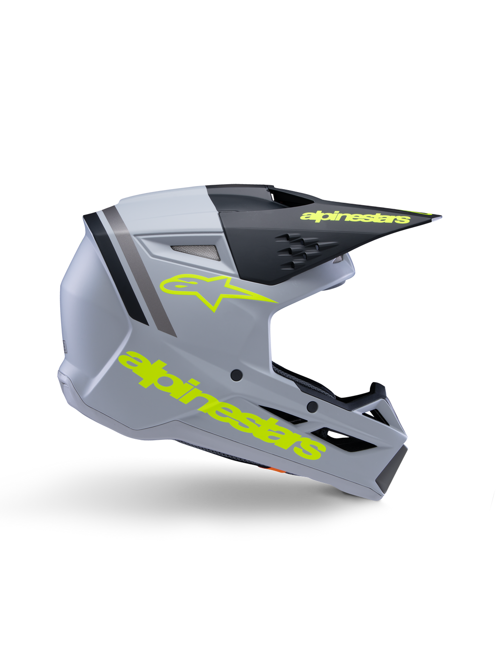 Alpinestars S-M3 Youth Radium Helmet ECE 22.06, Youth Motocross Helmet, Matte Gray and Black with Yellow-Fluo branding, side profile showing Alpinestars logo and text, aerodynamic design with integrated ventilation and black visor.