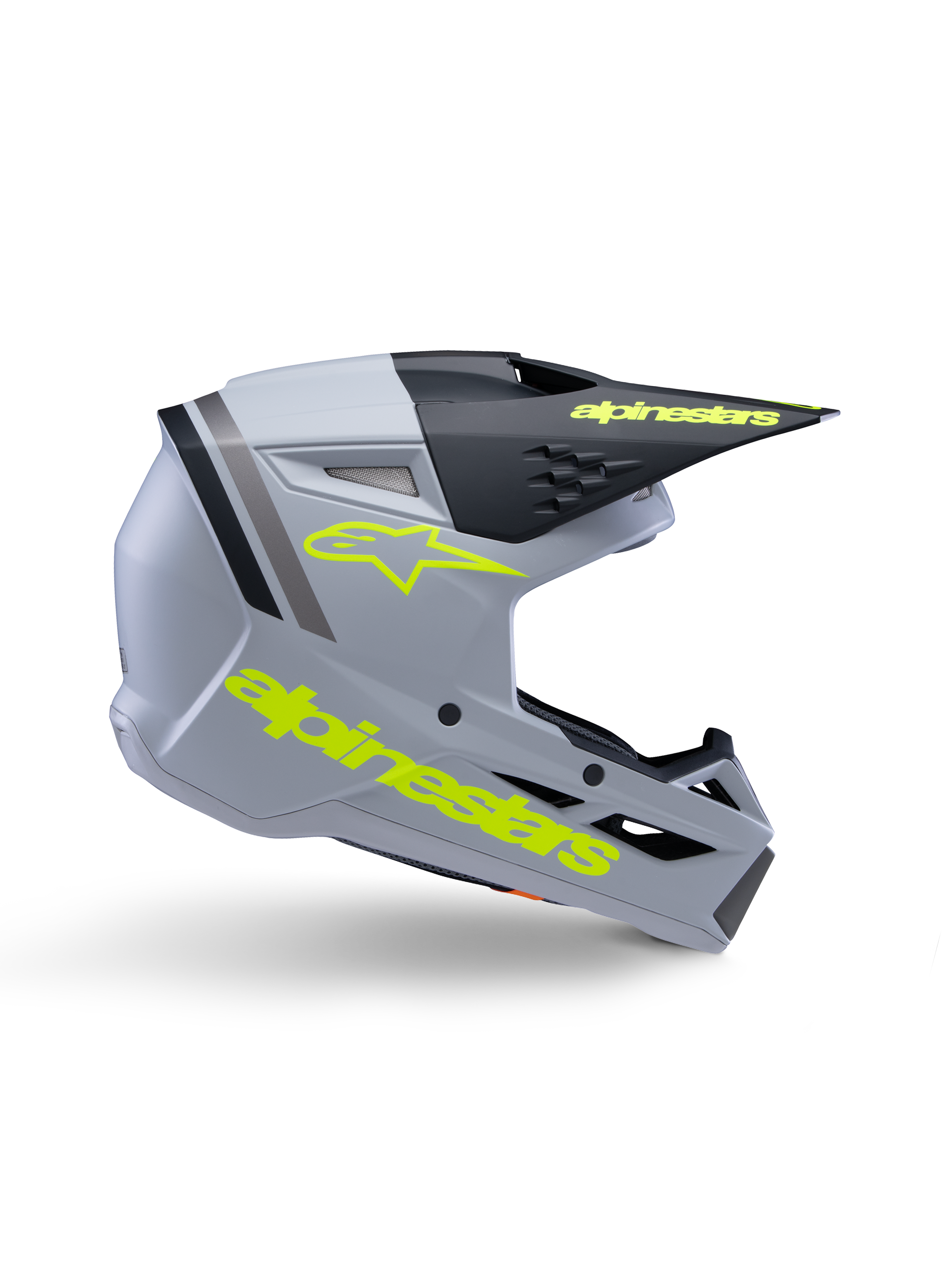 Alpinestars S-M3 Youth Radium Helm ECE 22.06, Jugend-Motocross-Helm, Mattgrau und Schwarz mit neongelbem Branding, Seitenprofil mit Alpinestars-Logo und Schriftzug, aerodynamisches Design mit integrierter Belüftung und schwarzem Visier.