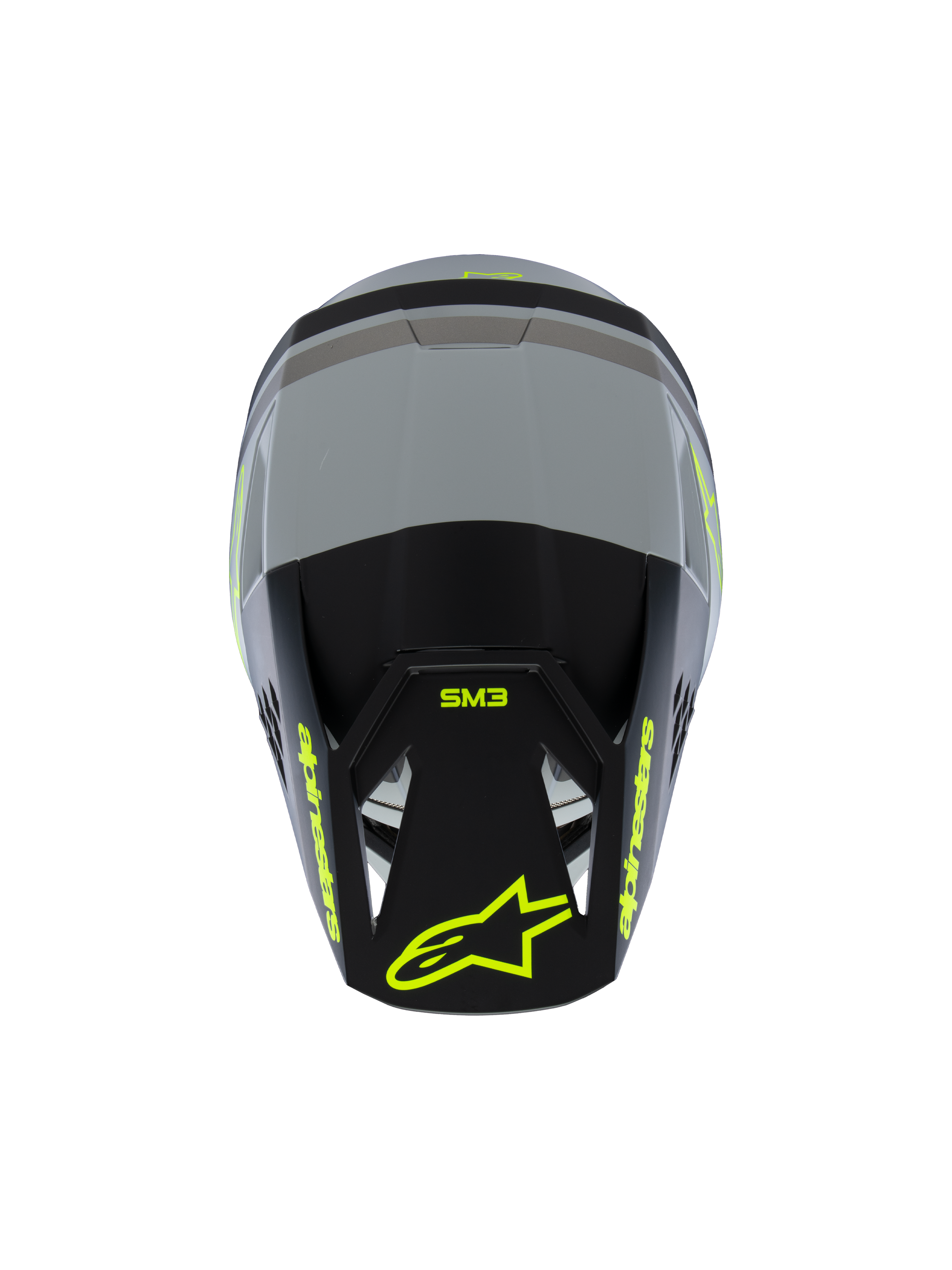 Alpinestars S-M3 Youth Radium Helmet ECE 22.06, Motocross Helmet, Matte Gray and Black with Fluorescent Yellow accents, Top view showing Alpinestars and SM3 branding, specialized youth off-road head protection