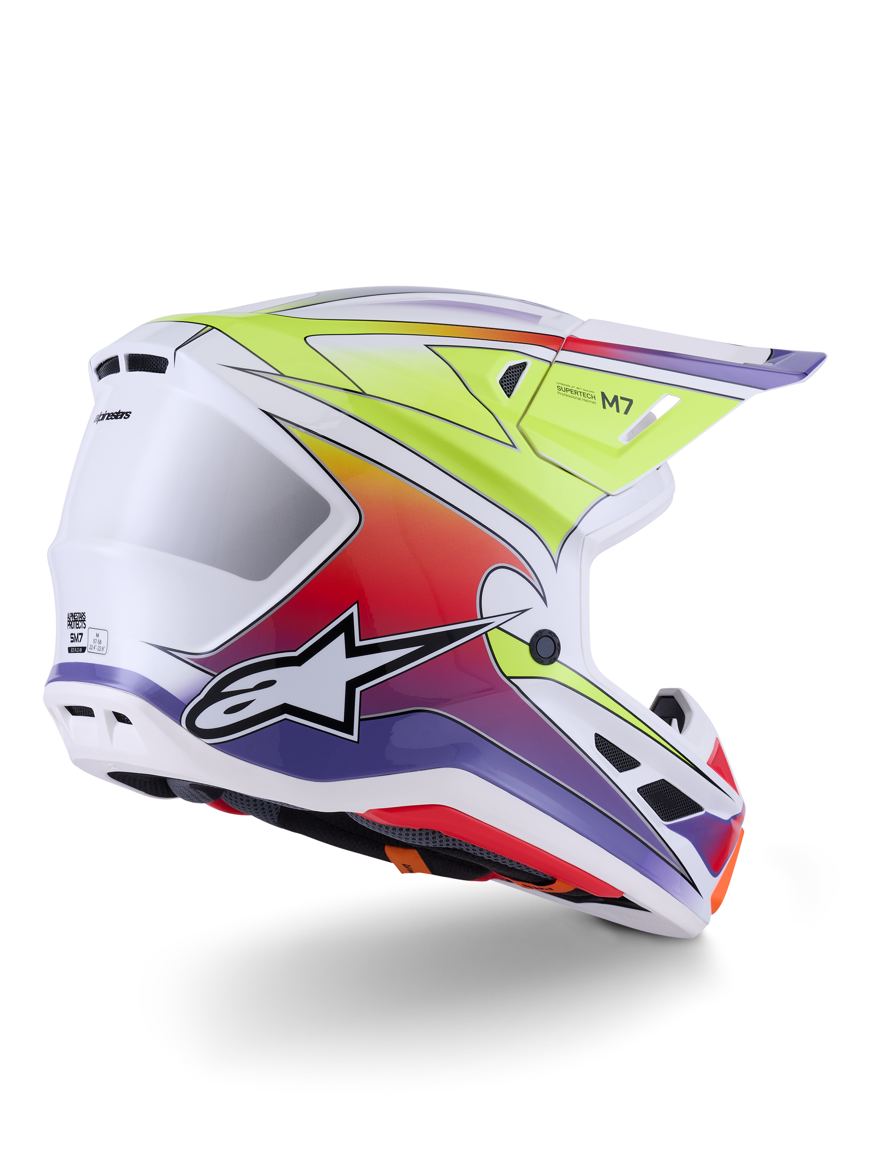 Alpinestars S-M7 Fuse Helm, Motocross-Helm, Weiß, Gelb Fluo und Lila glänzend, lebendige mehrfarbige Farbverlaufsgrafiken mit markantem schwarz-weißem Stern-Logo, aerodynamische Verbundschale mit integrierten Belüftungsöffnungen, entwickelt für den Offroad-Rennsport