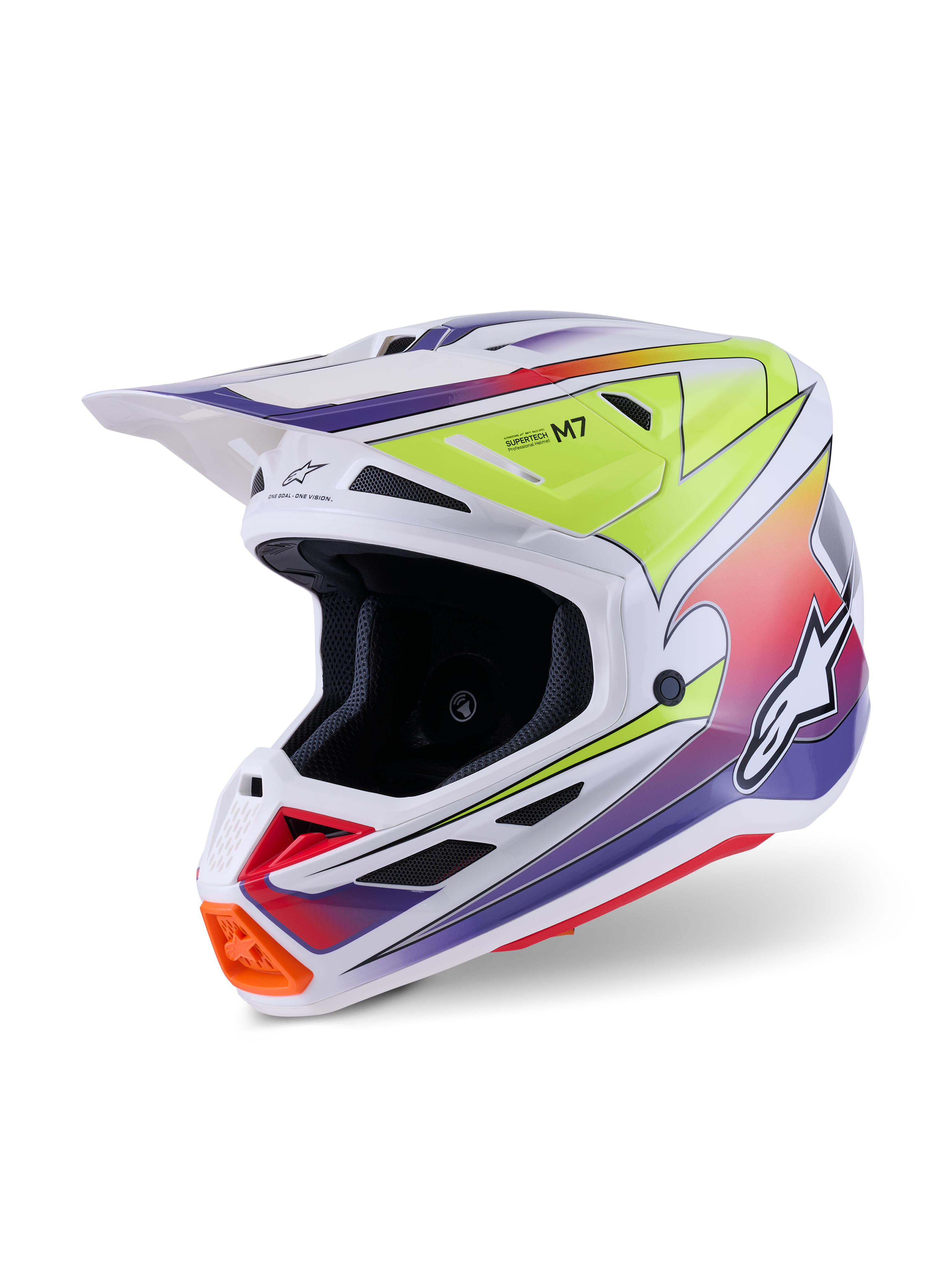 Alpinestars S-M7 Fuse Helm, Motocross-Helm, Weiß mit gelben fluoreszierenden und lila Farbverlauf-Grafiken, aerodynamische Verbundschale, integriertes Visier, mehrere Belüftungsöffnungen, Hochleistungs-Renndesign für den Offroad-Einsatz