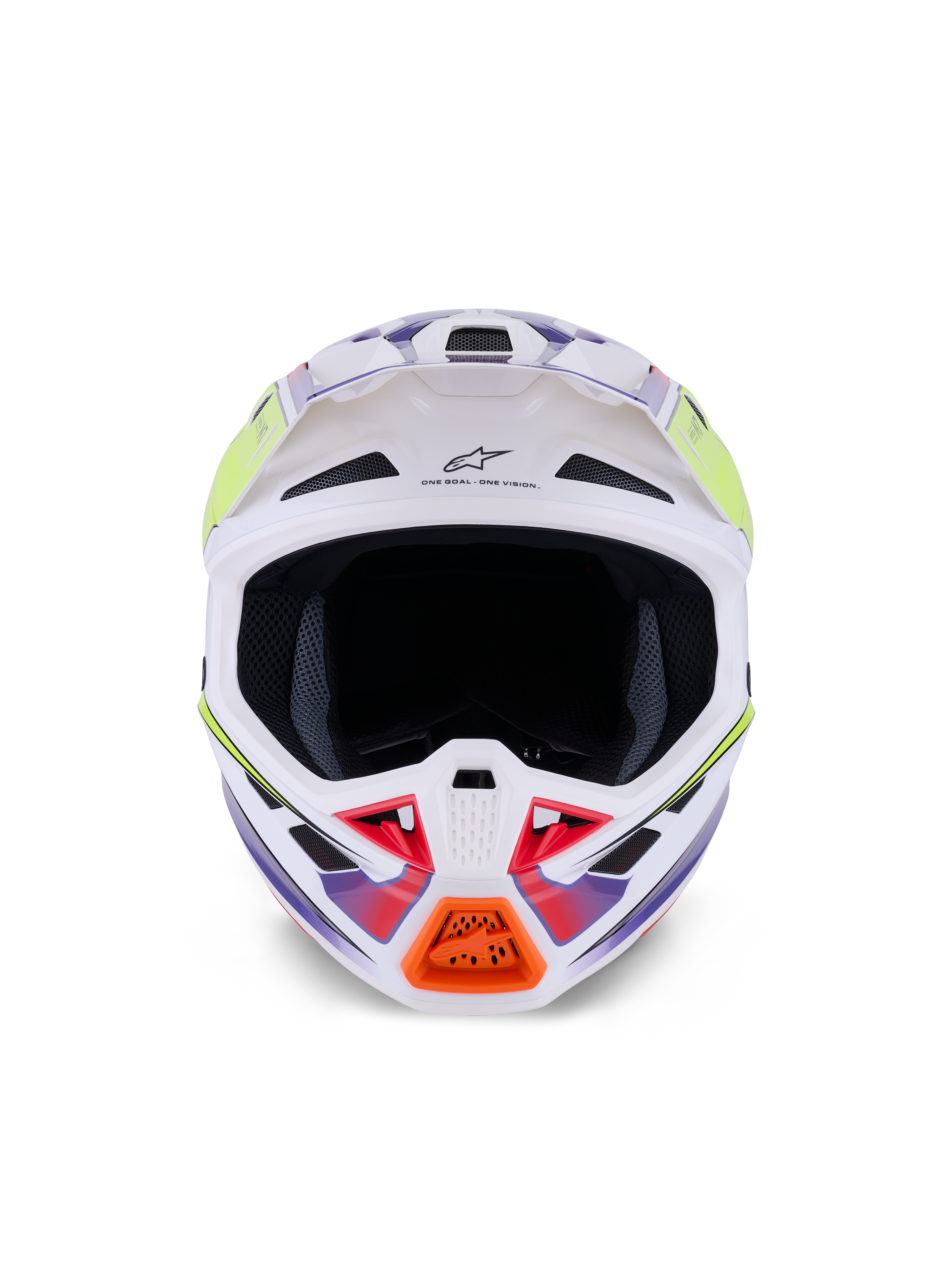 Alpinestars S-M7 Fuse Helm, Motocross-Helm, Weiß, Gelb Fluo und Lila glänzend, Vorderansicht mit mehreren Lufteinlässen, aerodynamischer Verbundschale und orangefarbenem Kinnschutz-Detail.