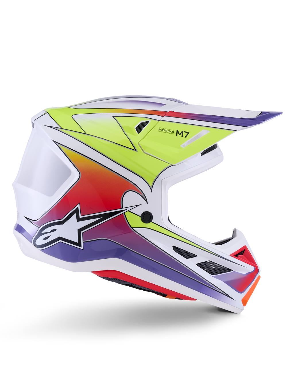 Alpinestars S-M7 Fuse Helm, Motocross-Helm, Weiß mit Farbverläufen in Gelb Fluo, Rot und Lila, glänzendes Finish, aerodynamische Schale, integriertes Visier und schwarze Mesh-Belüftungsöffnungen.
