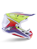 Alpinestars S-M7 Fuse Helm, Motocross-Helm, Weiß mit Farbverläufen in Gelb Fluo, Rot und Lila, glänzendes Finish, aerodynamische Schale, integriertes Visier und schwarze Mesh-Belüftungsöffnungen.