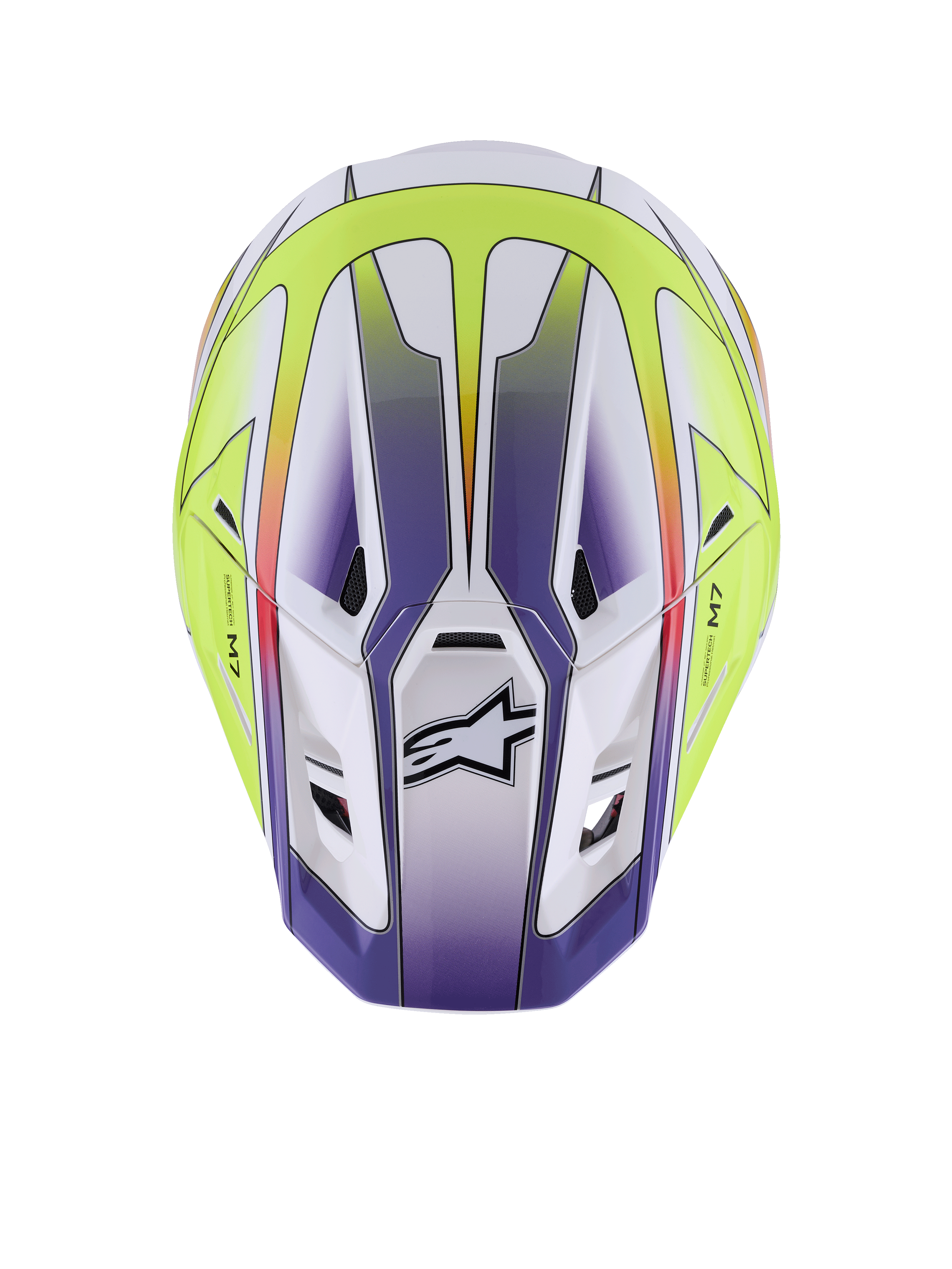 Alpinestars S-M7 Fuse Helm, Motocross-Helm, Weiß, Gelb Fluo und Lila glänzend, Draufsicht zeigt aerodynamische Schale mit Belüftungsöffnungen und schwarzem Alpinestars-Logo, erstklassiger Offroad-Rennschutz