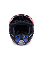 Alpinestars S-M7 Fuse Helm, Motocross-Helm, Blau, Lila und Pink glänzend, Vorderansicht mit Sichtfeld und belüftetem Kinnbügel, mit schwarzen Akzenten und Alpinestars-Branding, aerodynamisches Offroad-Renndesign