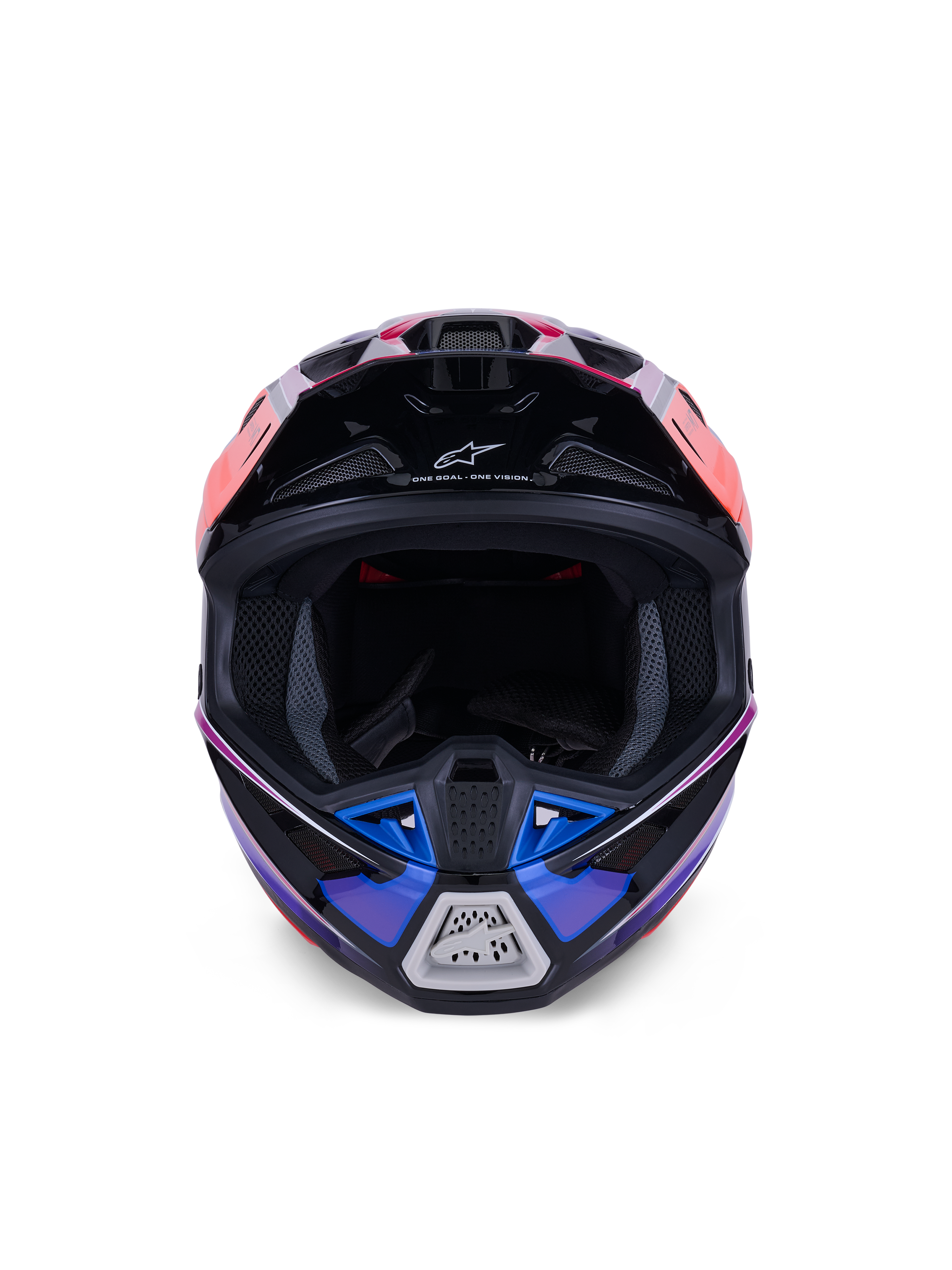 Alpinestars S-M7 Fuse Helm, Motocross-Helm, Blau, Lila und Pink glänzend, Vorderansicht mit Sichtfeld und belüftetem Kinnbügel, mit schwarzen Akzenten und Alpinestars-Branding, aerodynamisches Offroad-Renndesign