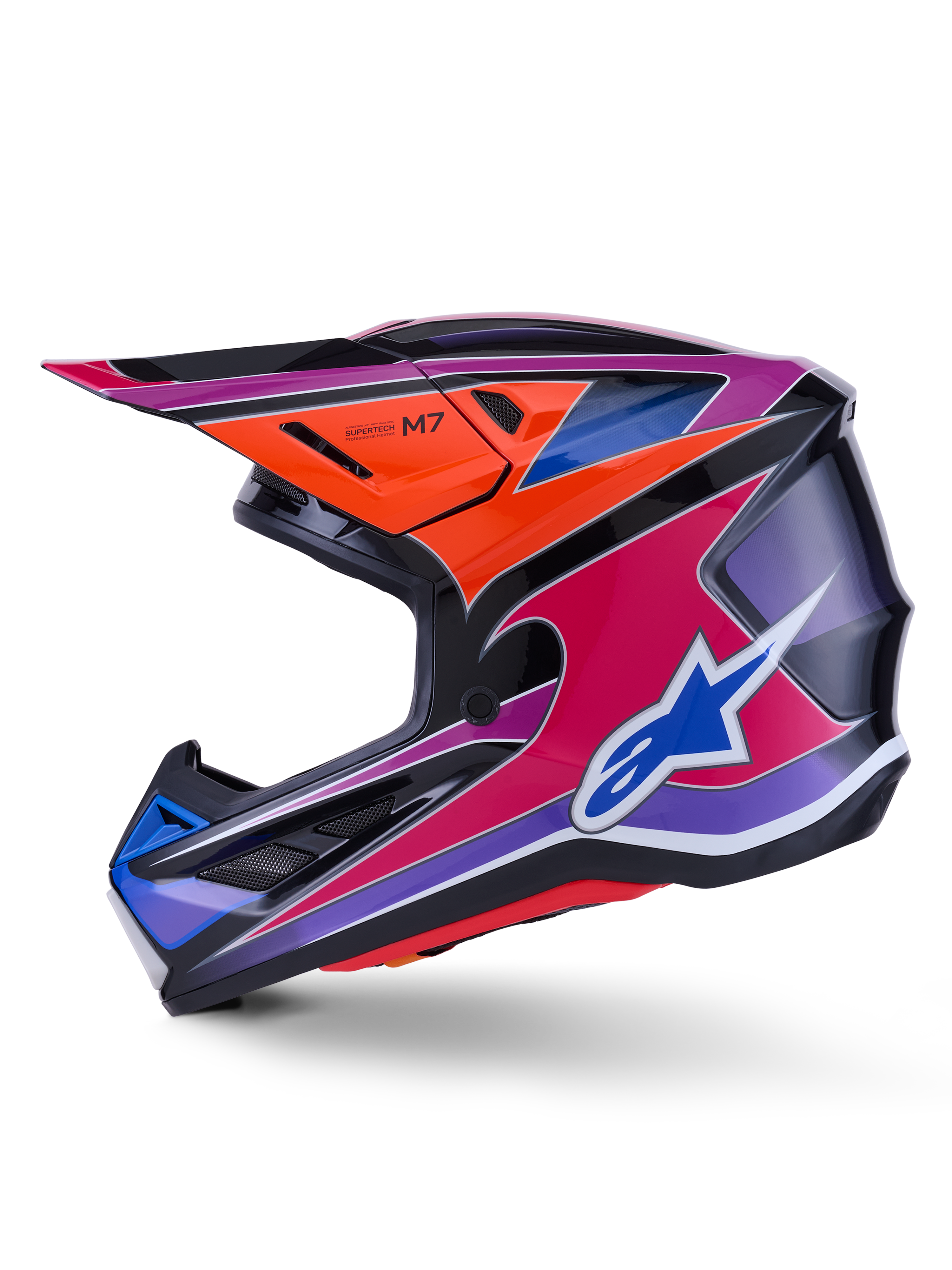 Alpinestars S-M7 Fuse Helm, Motocross-Helm, Blau, Violett, Pink und Orange glänzend, lebendiges mehrfarbiges Grafikdesign mit blauem Alpinestars-Logo, aerodynamische Verbundschale mit Schutzvisier und Belüftungsöffnungen, professionelle Offroad-Rennausrüstung