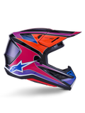 Alpinestars S-M7 Fuse Helm, Motocross-Helm, Blau, Lila und Pink glänzend, Seitenprofilansicht mit lebendigen Racing-Grafiken, aerodynamisches Schalendesign mit Belüftungsöffnungen und Alpinestars-Stern-Logo