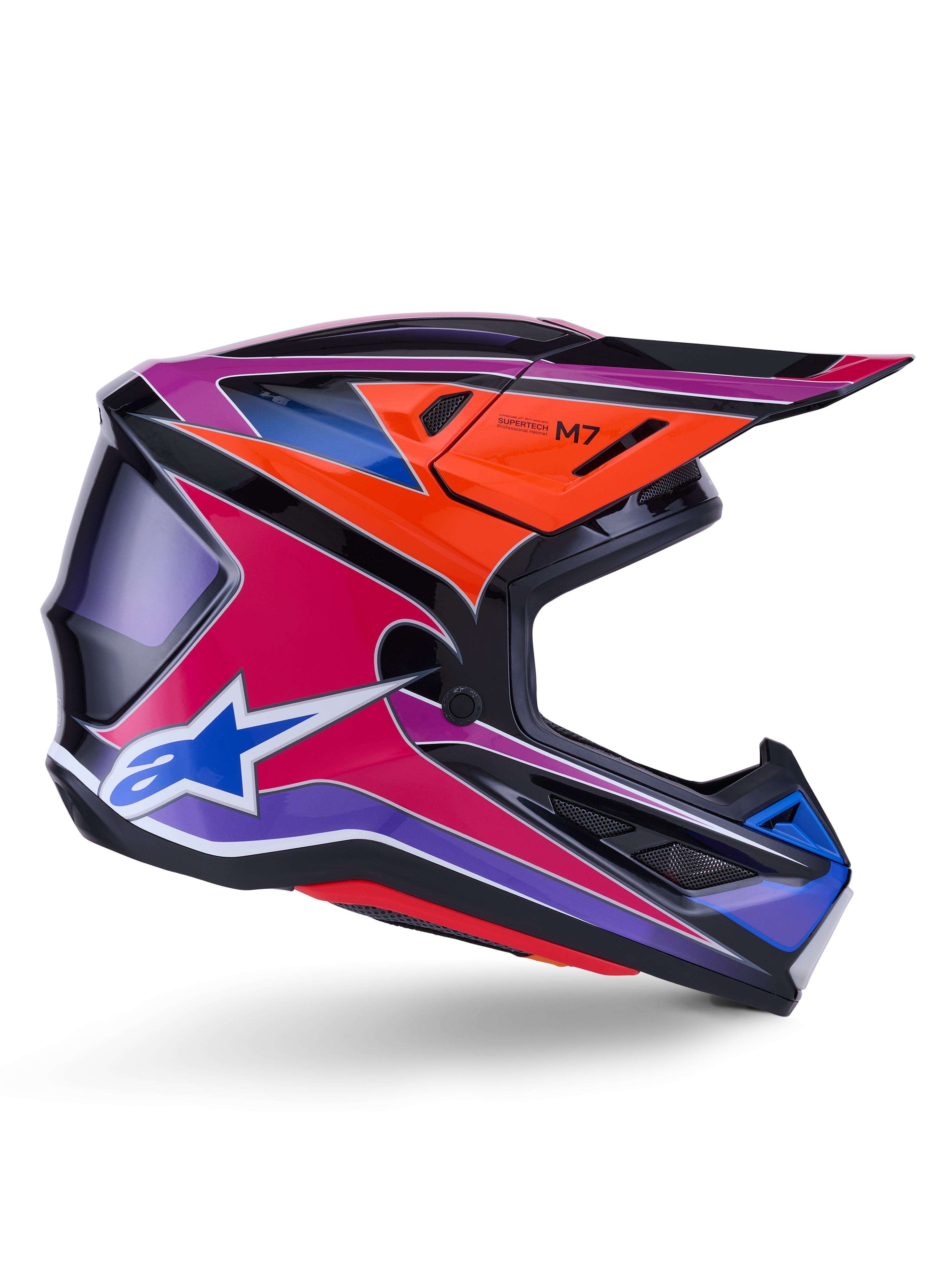 Alpinestars S-M7 Fuse Helm, Motocross-Helm, Blau, Lila und Pink glänzend, Seitenprofilansicht mit lebendigen Racing-Grafiken, aerodynamisches Schalendesign mit Belüftungsöffnungen und Alpinestars-Stern-Logo