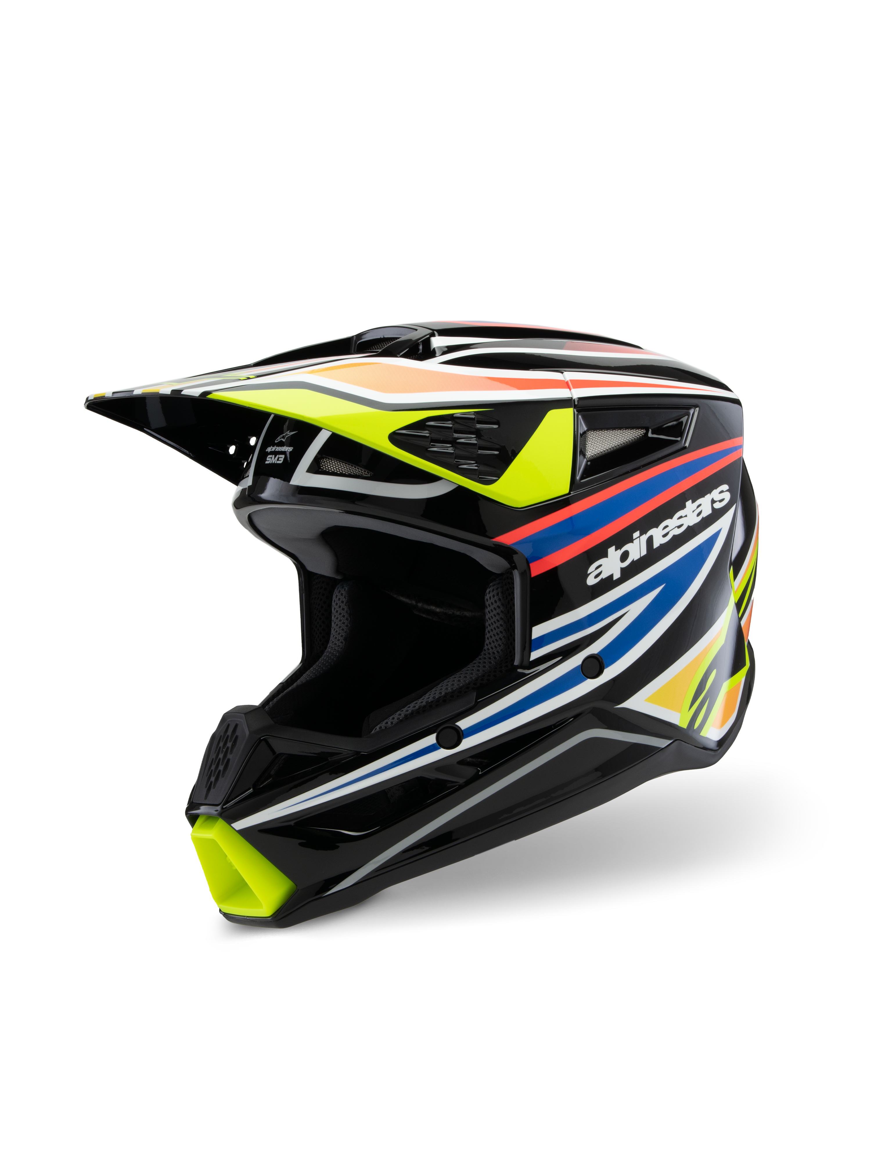 Alpinestars S-M3 Youth Wurx Helm ECE 22.06, motorcrosshelm, glanzend zwart met fluoriserend gele, blauwe en rood-oranje graphics, driekwart aanzicht met focus op de aerodynamische schaal en ventilatiepoorten, beschermende off-road uitrusting voor jonge rijders