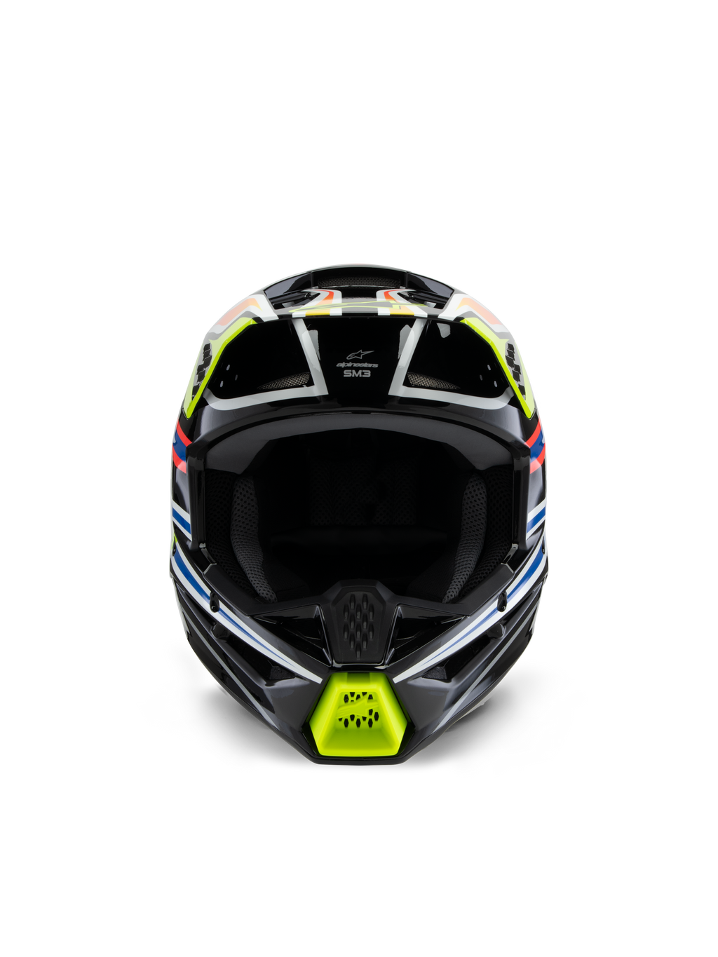 Alpinestars S-M3 Youth Wurx Helm, vooraanzicht, zwart met fluorescerend gele, blauwe en rode accenten, jeugd motocross bescherming, zwarte basis met opvallende geometrische graphics, geïntegreerde ventilatieopeningen en een geel kinstuk, off-road racestijl