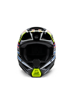 Alpinestars S-M3 Youth Wurx Helm, vooraanzicht, zwart met fluorescerend gele, blauwe en rode accenten, jeugd motocross bescherming, zwarte basis met opvallende geometrische graphics, geïntegreerde ventilatieopeningen en een geel kinstuk, off-road racestijl