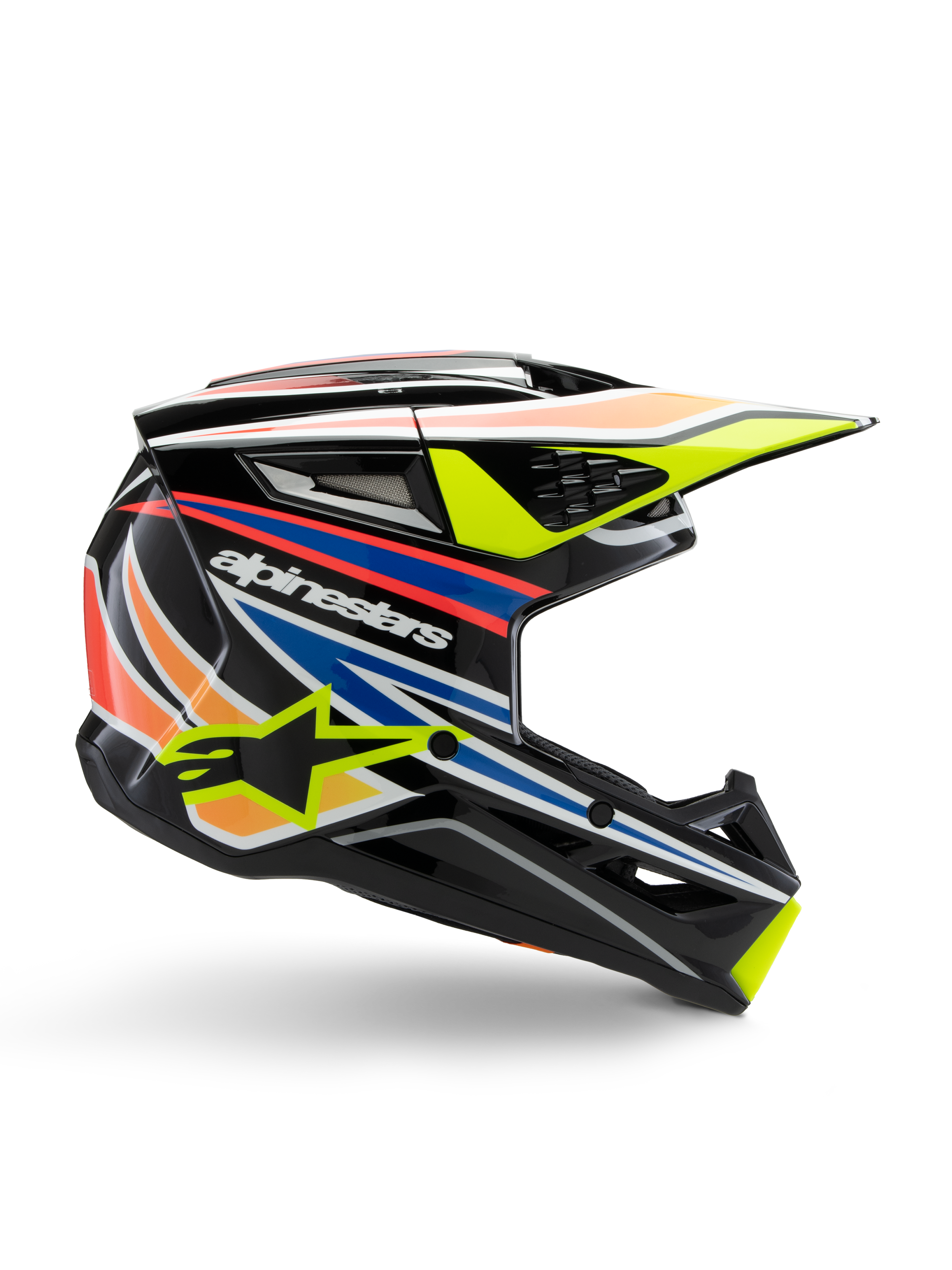 Casque Alpinestars S-M3 Youth Wurx, casque de motocross pour jeunesse, noir avec bandes graphiques jaunes, bleues, rouges et orange, vue de profil avec visière aérodynamique et finition brillante, logo Alpinestars blanc et motif d'étoile jaune