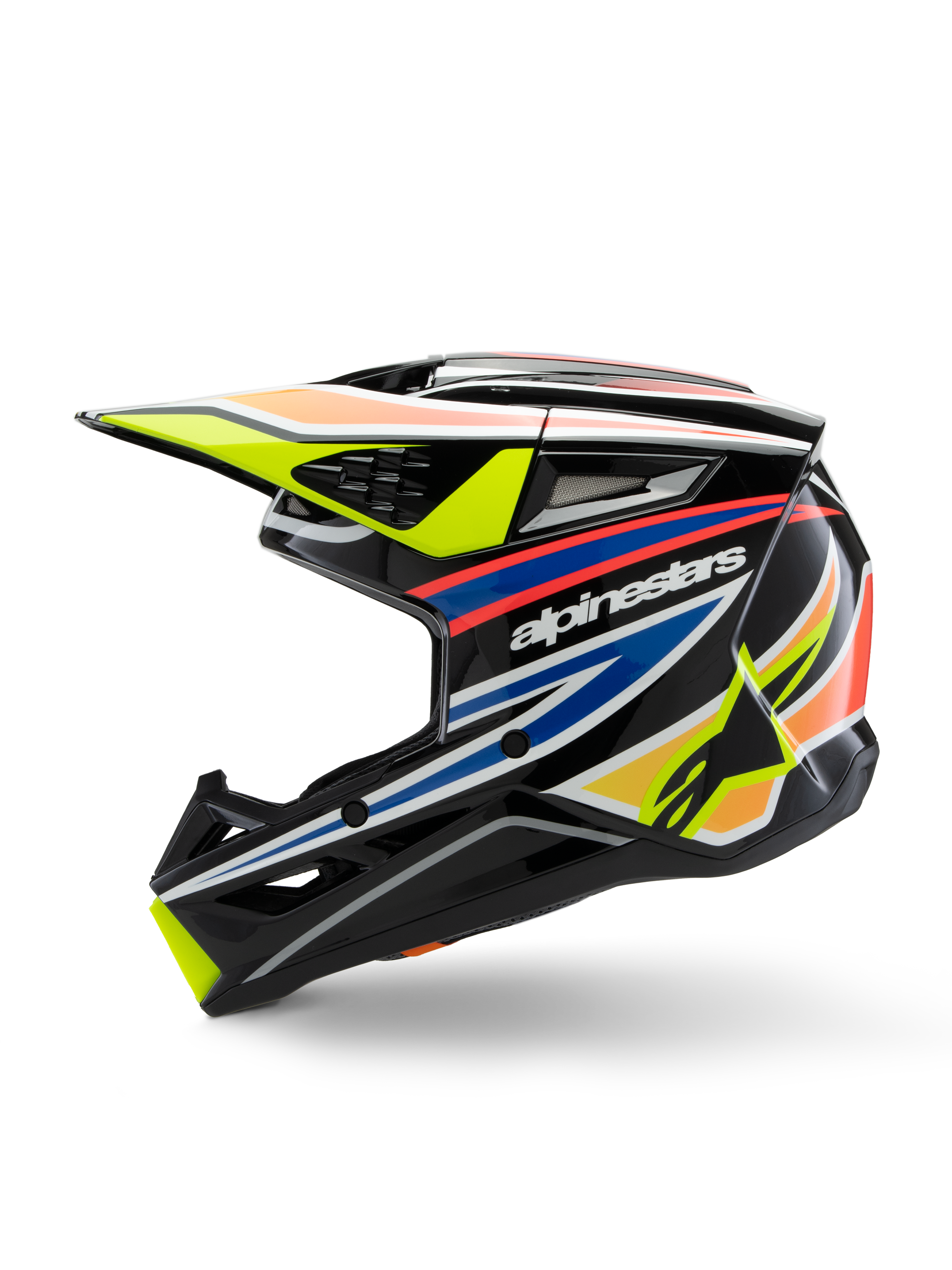 Alpinestars S-M3 Youth Wurx helm, motorcrosshelm, zwart met felle gele, blauwe en rode graphics, zijaanzicht met opvallende Alpinestars-branding, aerodynamische schaal met meerdere ventilatieopeningen en een gele klep.