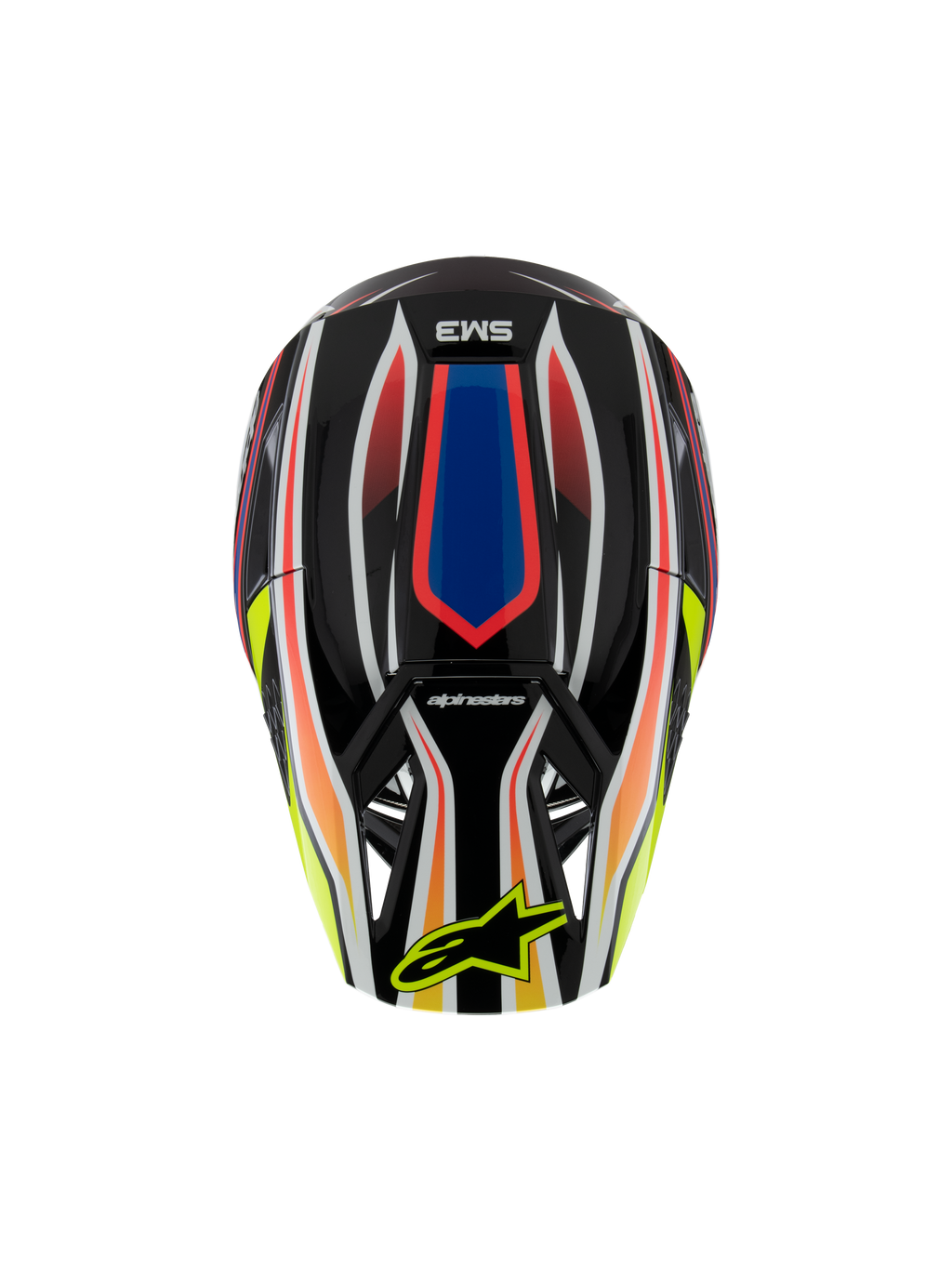 Alpinestars S-M3 Youth Wurx helm ECE 22.06, motorcrosshelm, zwart met levendige rode, blauwe en gele graphics, bovenaanzicht met SM3-logo en geel Alpinestars-logo op het vizier, off-road beschermende uitrusting