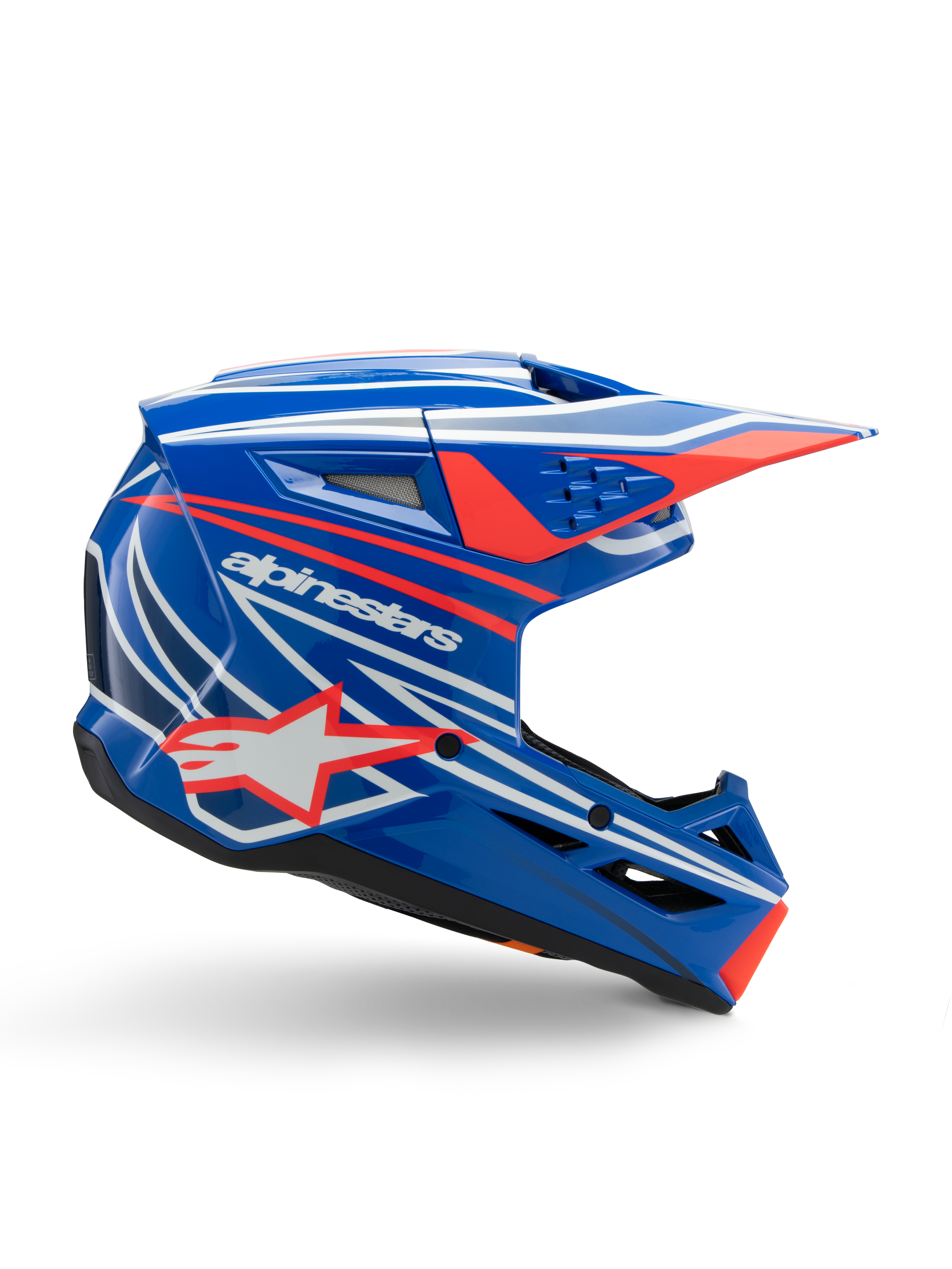Alpinestars S-M3 Youth Wurx Helmet, casque de motocross pour jeunes, bleu avec motifs rouges et blancs, profil latéral avec visière aérodynamique, fentes de ventilation et logo étoile, finition brillante, certifié ECE 22.06
