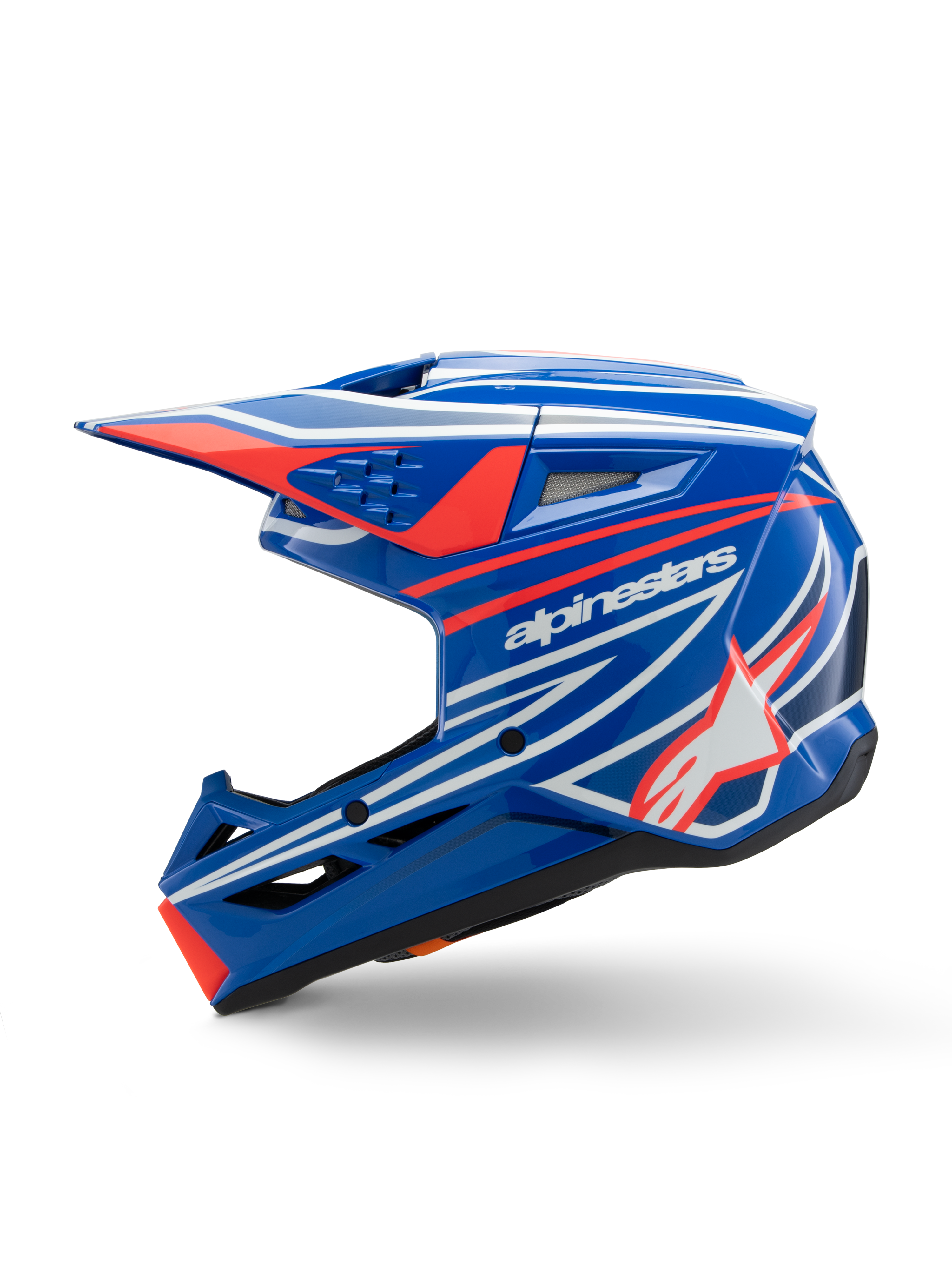 Casque Alpinestars S-M3 Youth Wurx, casque de motocross, bleu, rouge, blanc et noir brillant, avec des graphismes audacieux, le logo Alpinestars et l'étoile, vue de profil avec aérations aérodynamiques et visière intégrée, équipement de course tout-terrain